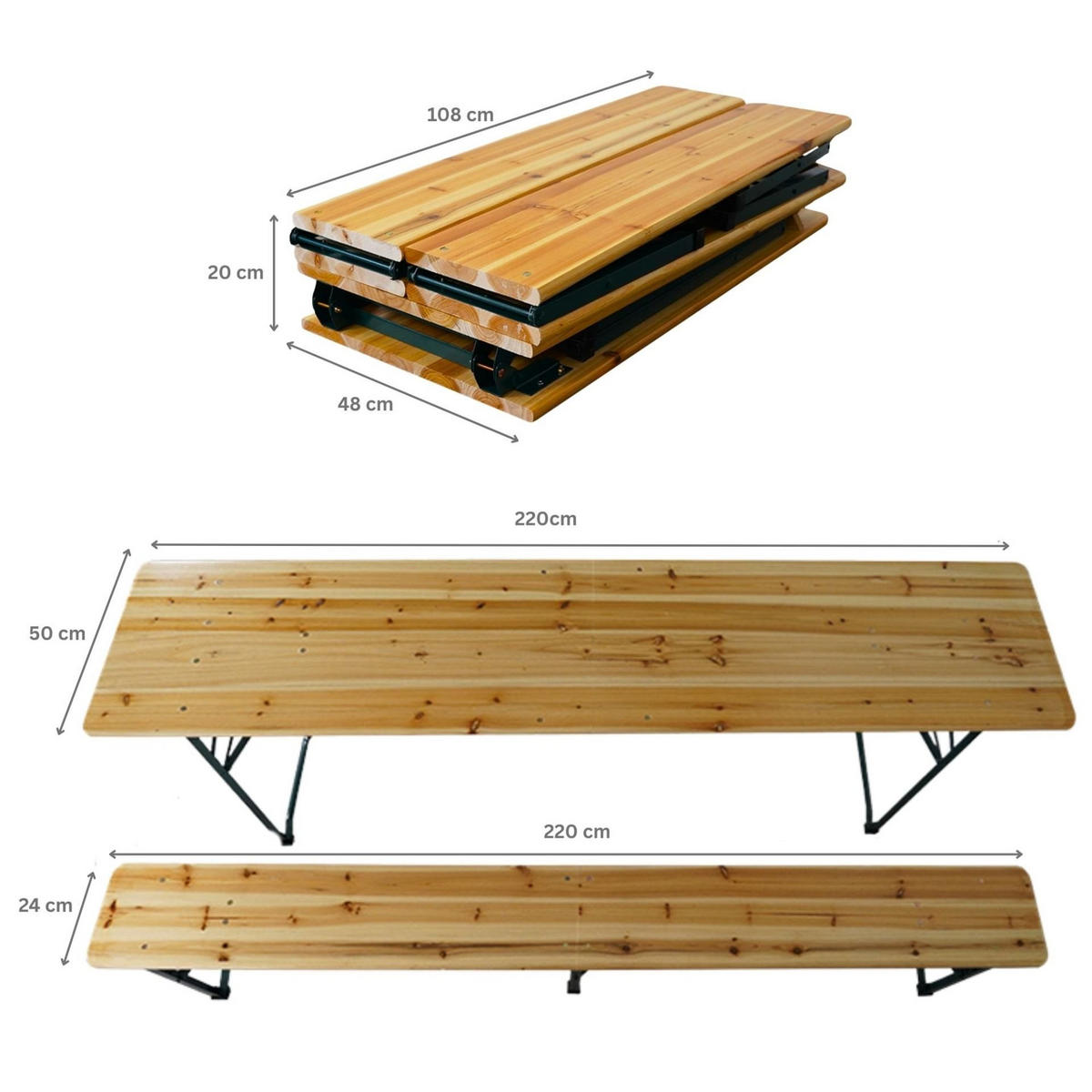 BIERZELTGARNITUR 3-teilig klappbar 1x Tisch 2x Bierbank 76x220x50 cm Holz - Hellbraun, Holz - CHEFGASTRO