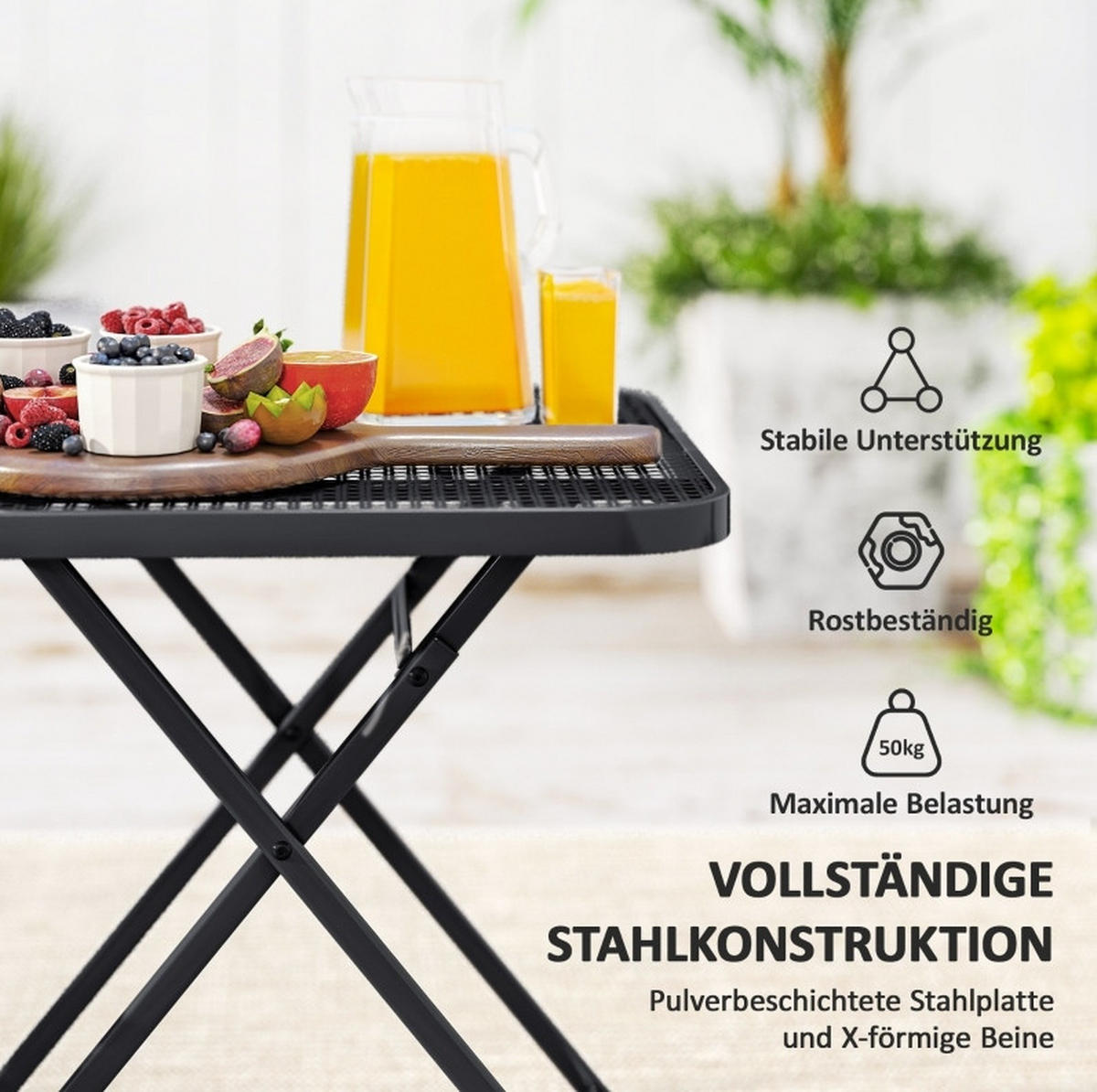 GARTENTISCH aus Stahl 70x70x72 cm Schwarz mit klappbarem Design - Schwarz, Metall (70/70/72cm) - Modfu