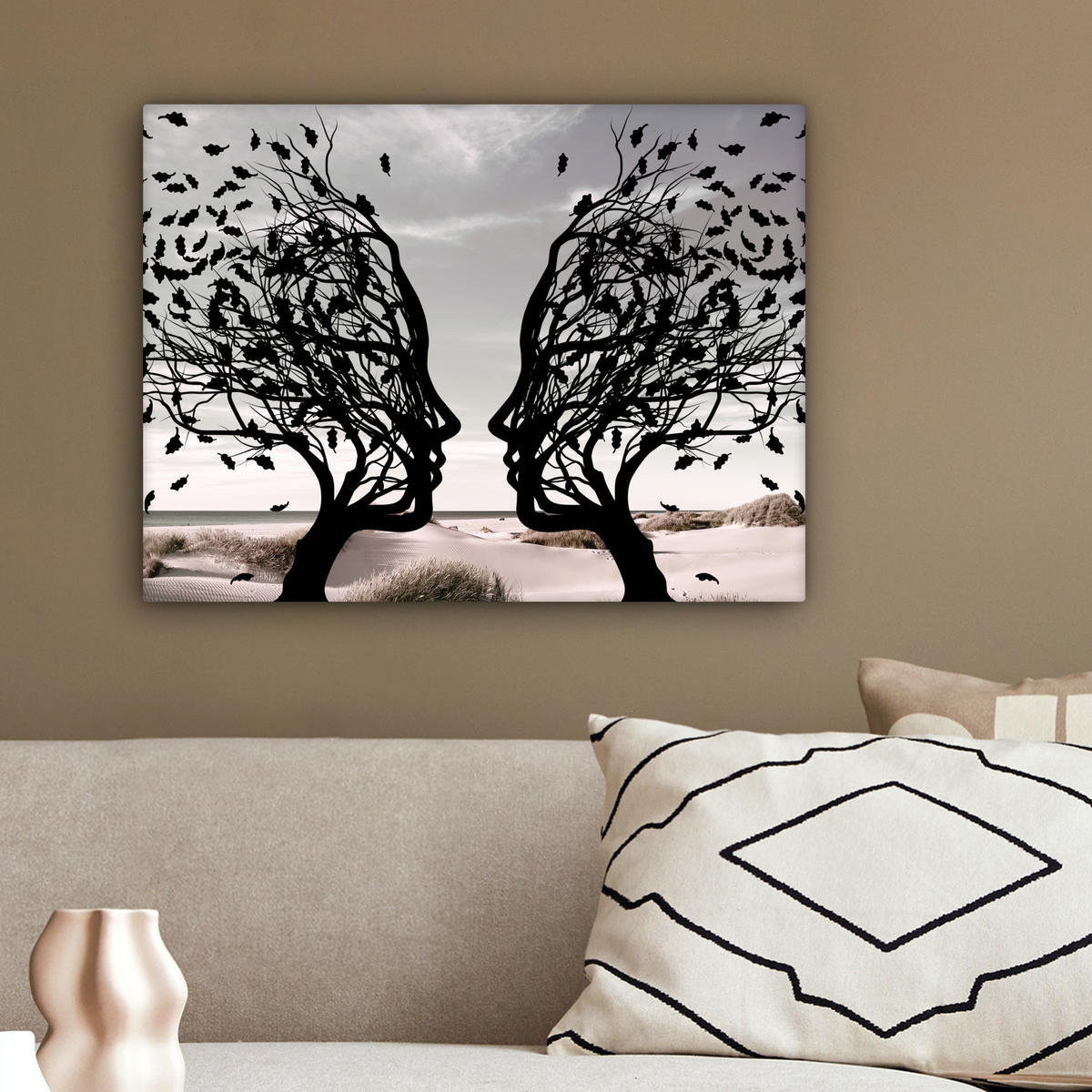 LEINWANDBILD Strand - Meer - Menschen - Baum - Moderne Kunst 40x30 cm - Hellgrau, Textil (40/30cm) - MuchoWow