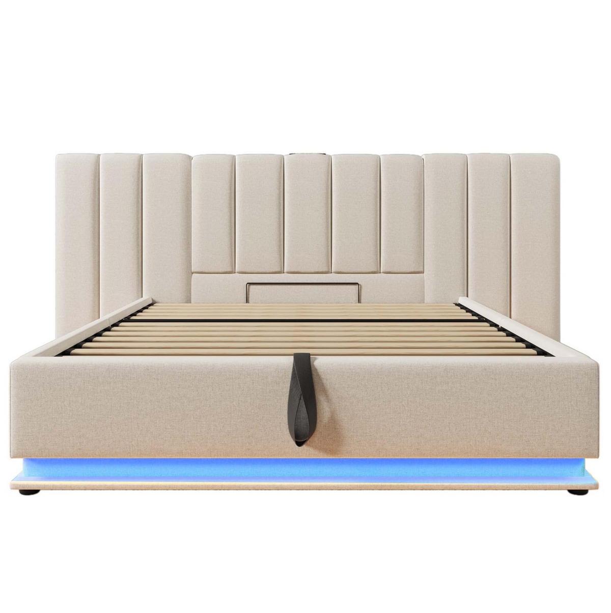 POLSTERBETT aus Leinen 160x200 cm Beige mit Bettkasten, LED-Beleuchtung und USB-C-Anschluss - Beige, Textil (160/200cm) - IVMEU