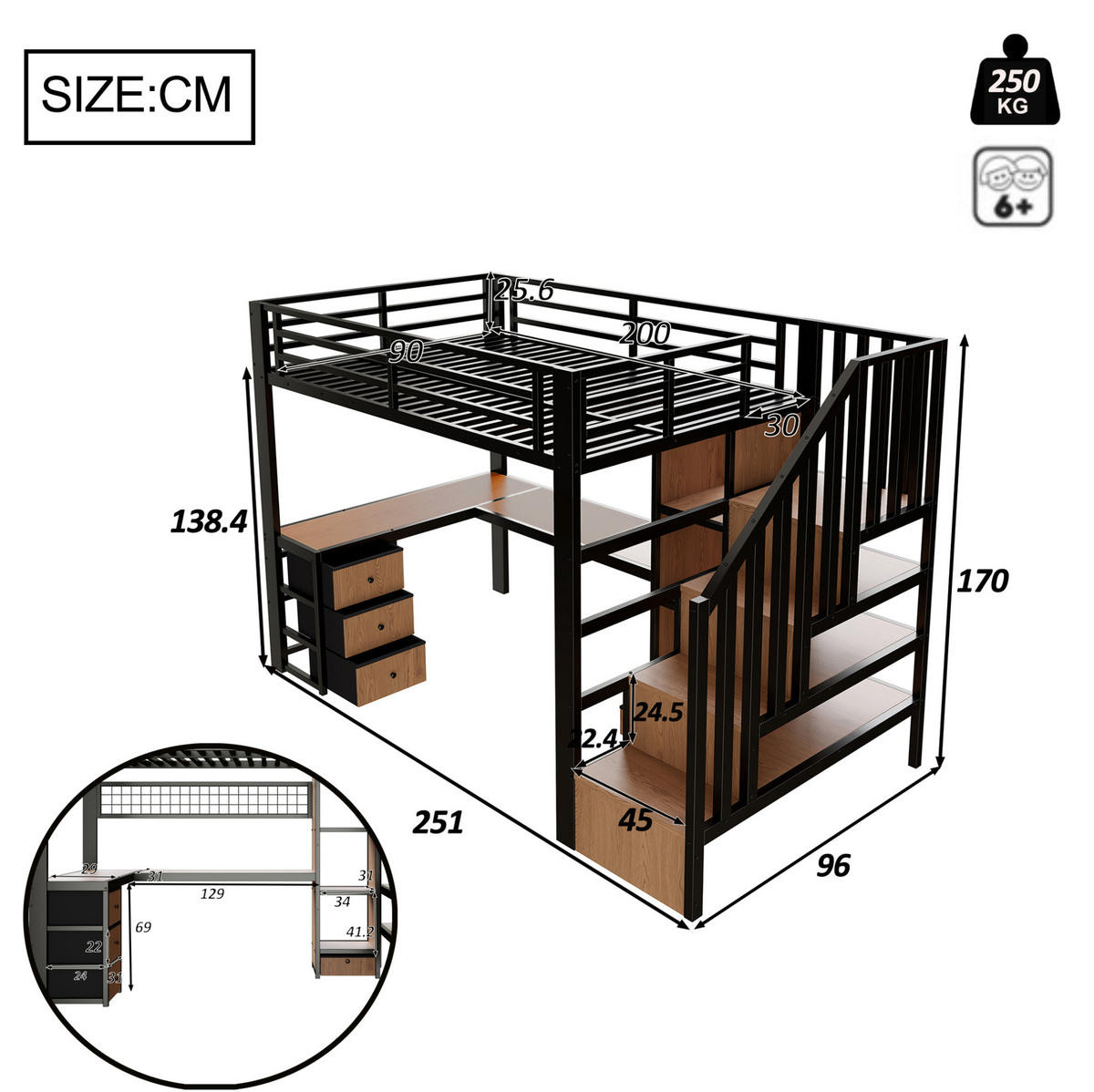 HOCHBETT 90/200 cm mit Schreibtisch, LED-Beleuchtung, 4 Schubladen und Stauraumtreppe aus Metall/MDF, Schwarz - Schwarz, Metall (90/200cm) - Redom
