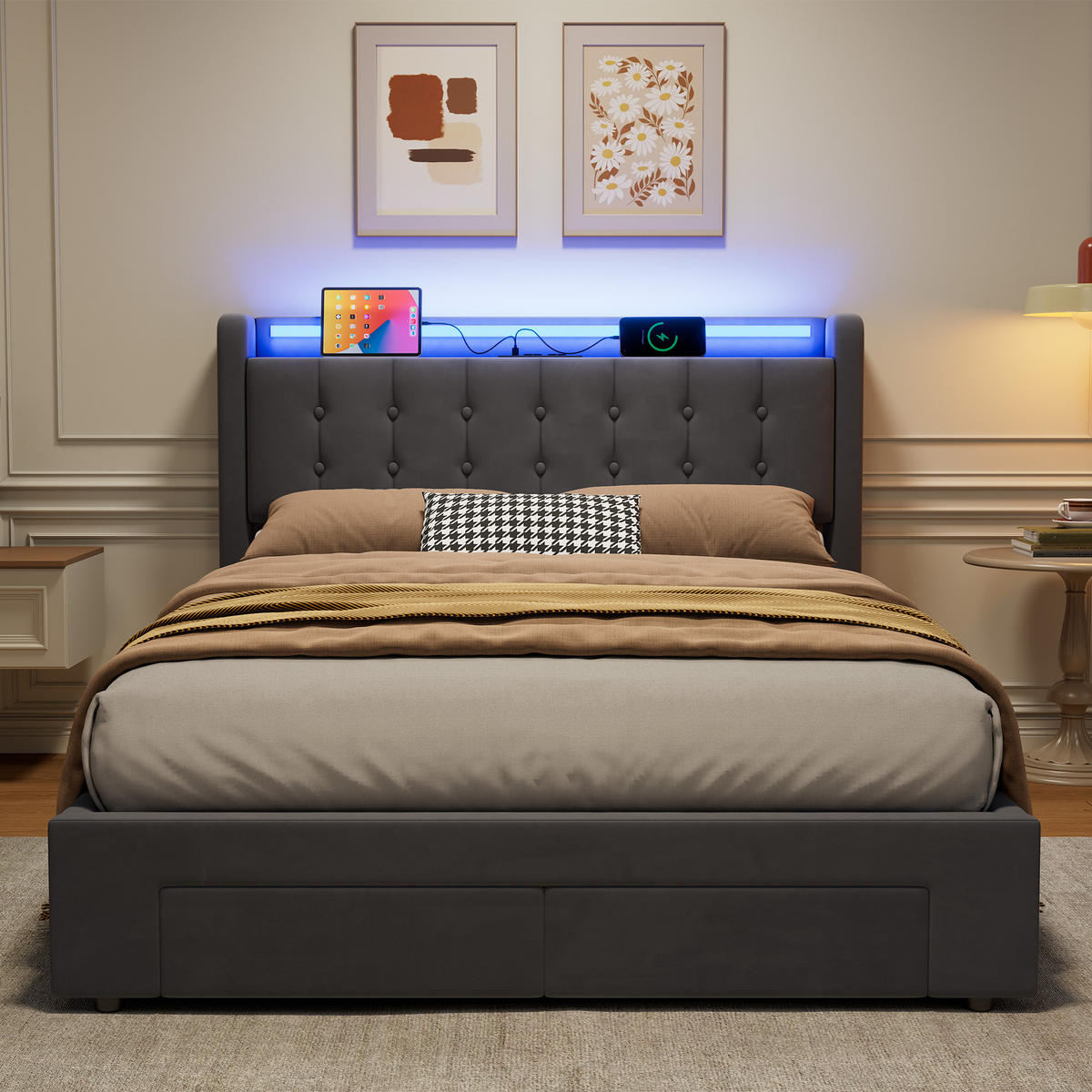 ČALÚNENÁ posteľ 140/190cm tmavosivá zo zamatu, kovu a dreva s LED svetlom, USB konektorom a úložným priestorom - sivá, textil (140/190cm) - Modfu