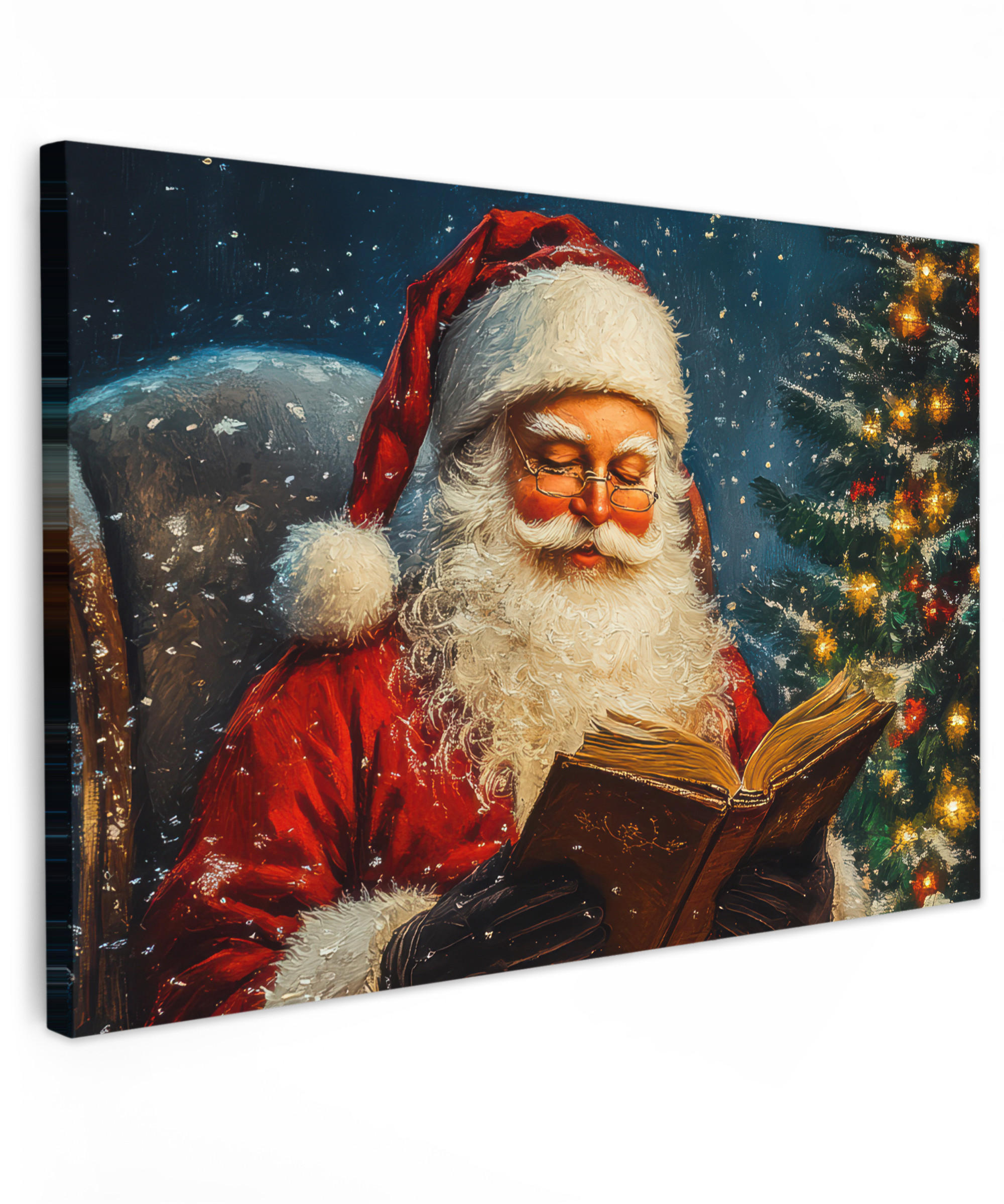 LEINWANDBILD Weihnachtsmann - Weihnachten - Winter - Weihnachtsbaum Gemälde 60x40 cm - Bordeaux, Textil (60/40cm) - MuchoWow