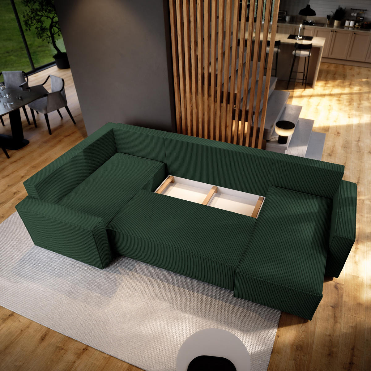 WOHNLANDSCHAFT NORENA L-S Grün Kordstoff mit Schlaffunktion - Grün, Holz (295/85/157.5cm) - MASSENO