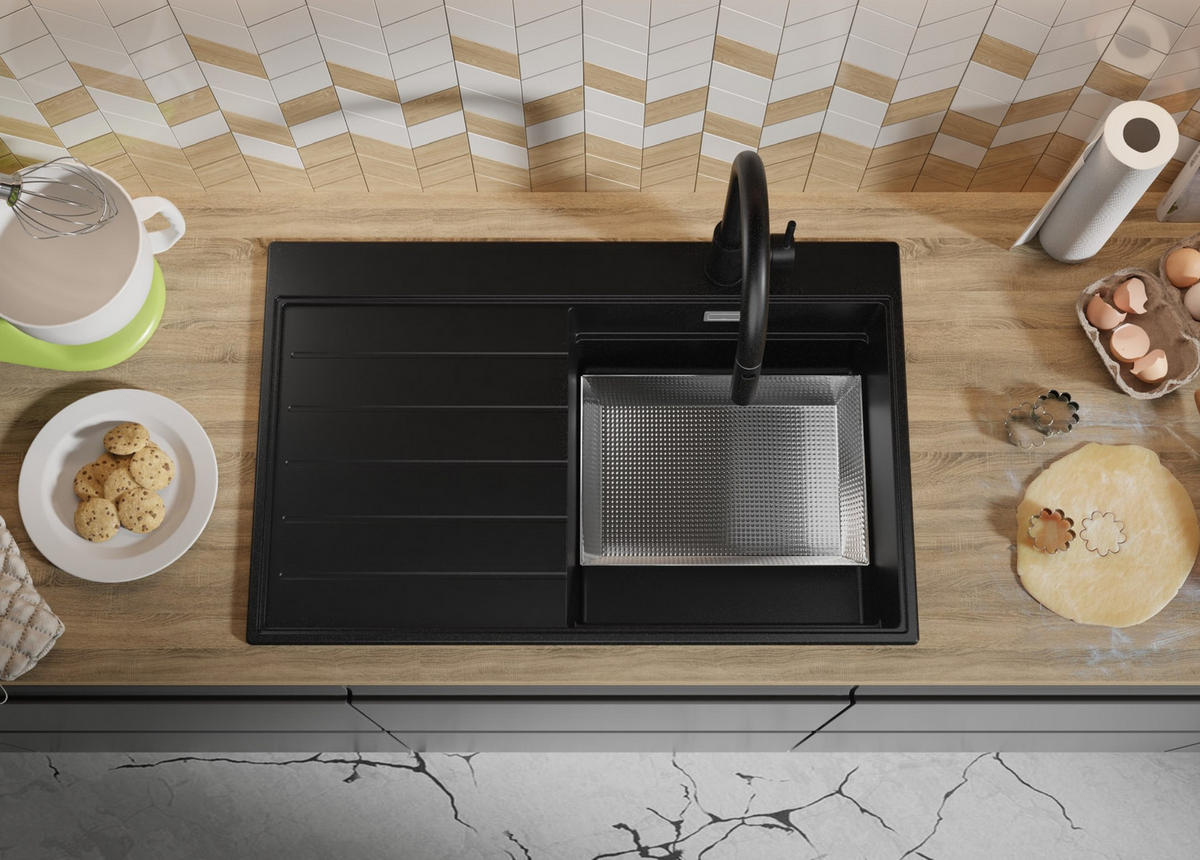 SPÜLBECKEN Sydney, 2-er set Schwarz 78/50 cm 1 Becken + Ablauf-Set + Küchenzubehörset ab 45er Unterschrank - Chromfarben/Beige, Kunststoff (78/20/50cm) - Primagran