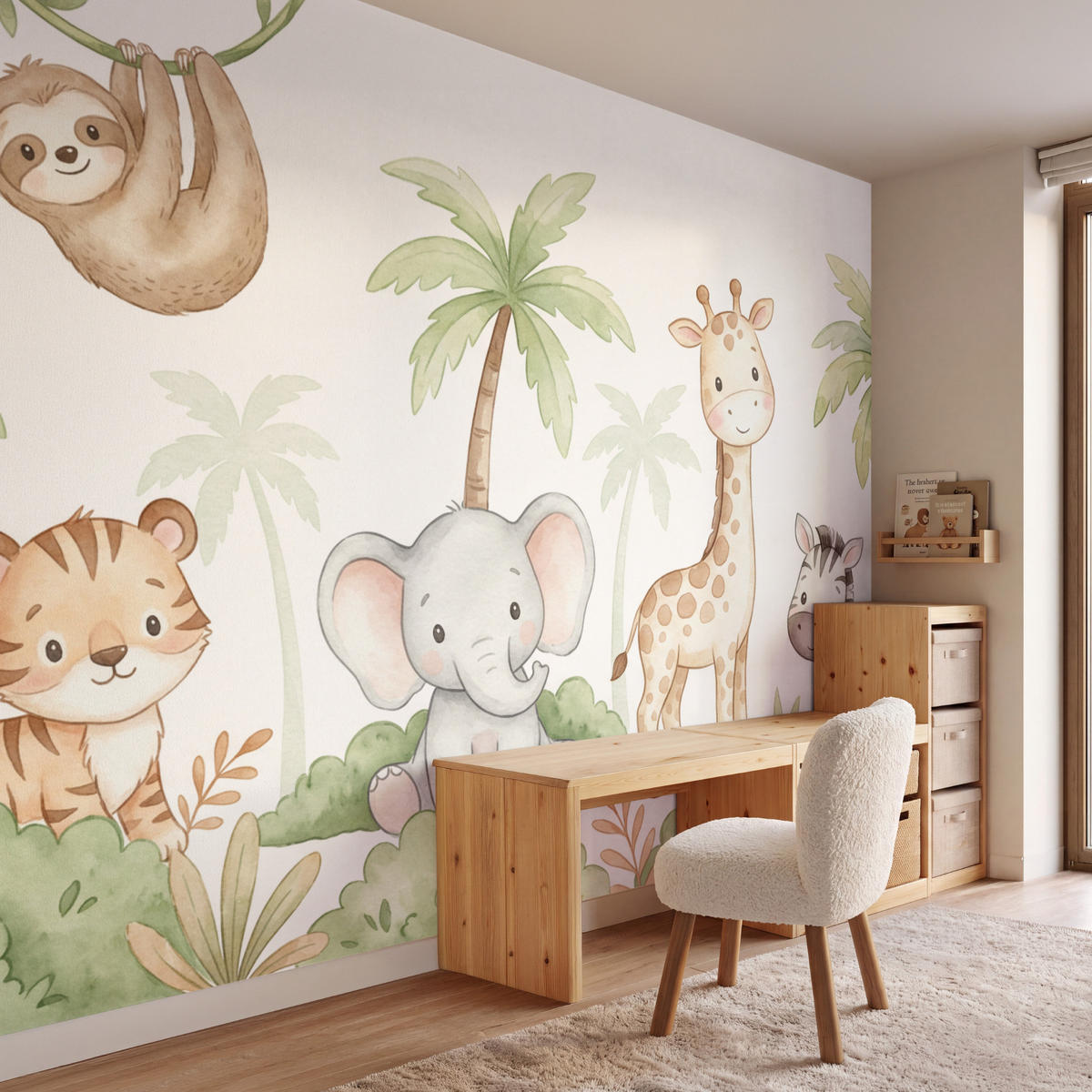 KINDERTAPETE - Tiere - Dschungel - Pastell - 260x200 cm - Weiß, Papier (260/200cm) - OnlyWow