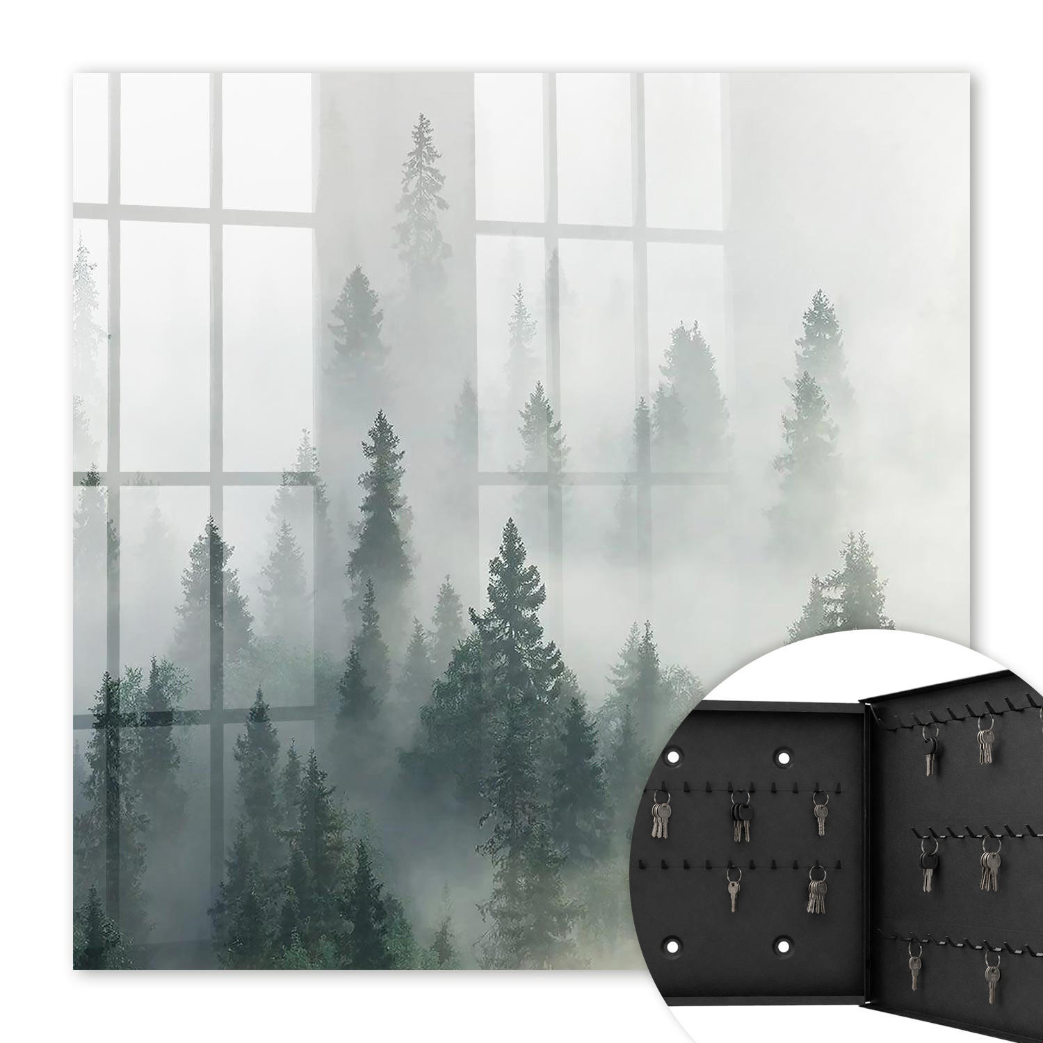 SCHLÜSSELBOX Schwarz 30x30 cm- Türöffnung nach rechts - Nebelwald - Grün, Metall (30/30/5cm) - TULUP