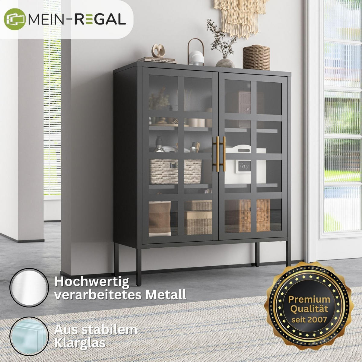 HIGHBOARD GLASGOW Metall mit Glastüren 90/35/110 cm - Schwarz, Metall (35/110/90cm) - Mein-Regal