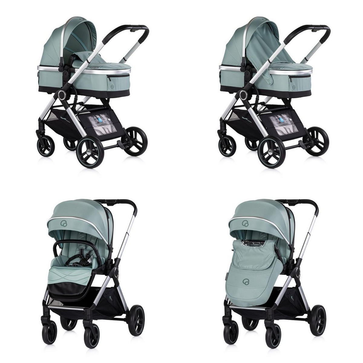 KOMBIKINDERWAGEN Euphoria 3in1 grün Sportsitz Babyschale umbaubar klappbar - Grün, Metall (88/64/107cm) - Chipolino
