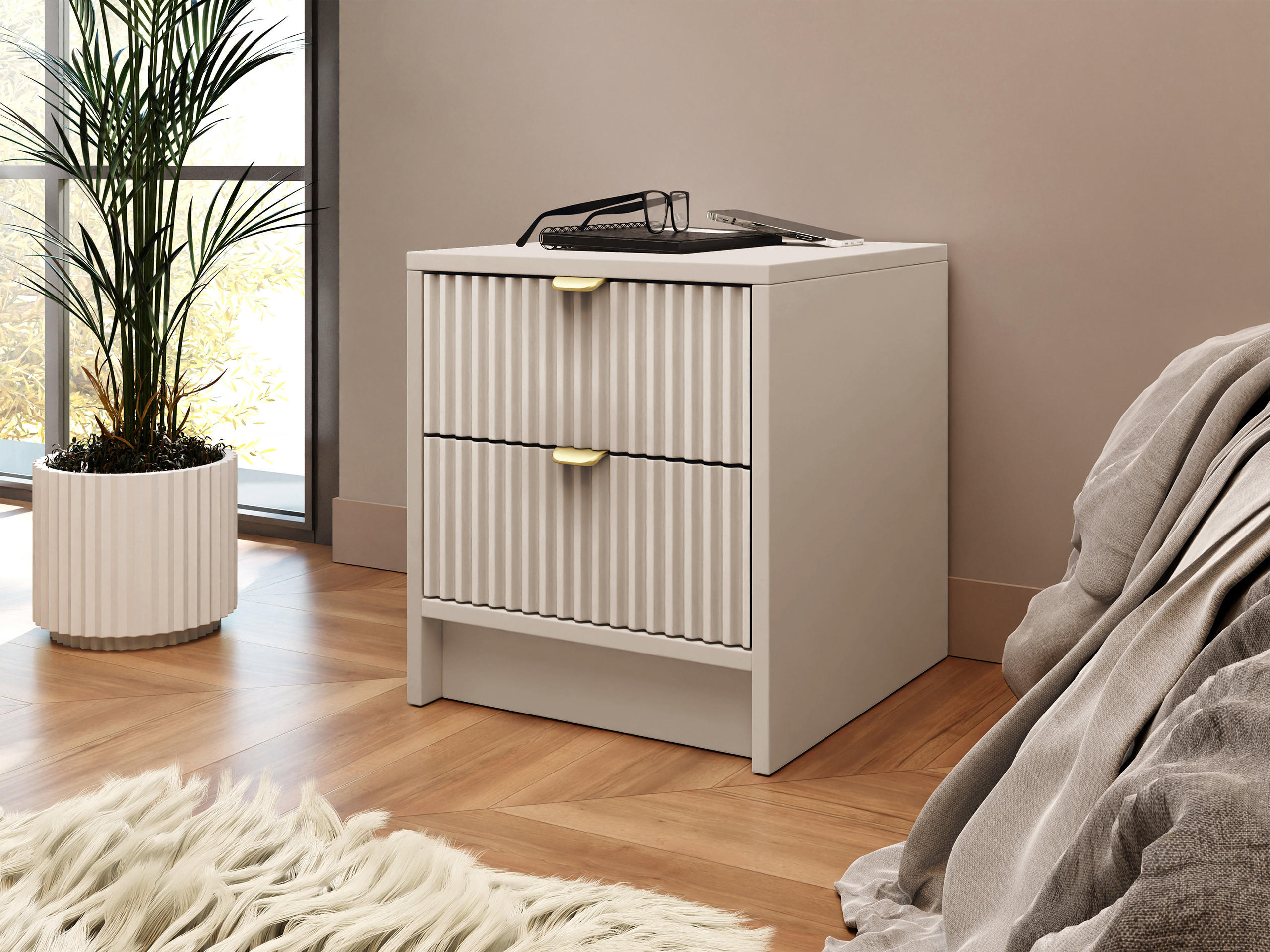 NACHTTISCH Tireno - Sandfarben/Goldfarben, Holzwerkstoff/Metall (40/40/35cm) - MIRJAN24