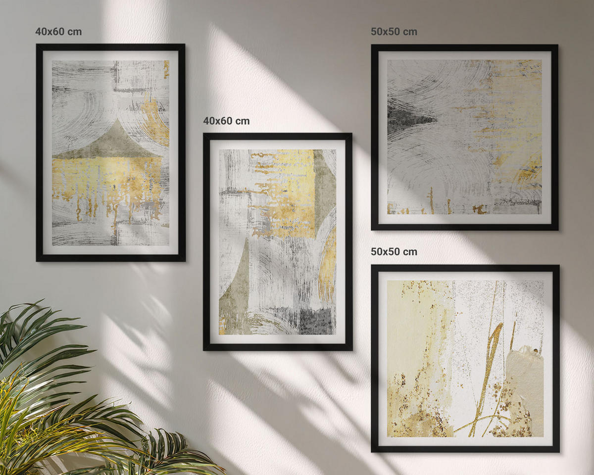 BILDER SET 4er Set - 50x50 cm & 40x60 cm Schwarzer Rahmen - Abstrakte minimalistische Muster - Schwarz, Kunststoff (50/50cm) - TULUP