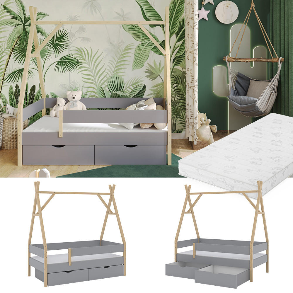 TIPI-BETT Bali Grau 80x160 cm mit 2 Schubladen und Matratze - Grau, Holz - VitaliSpa