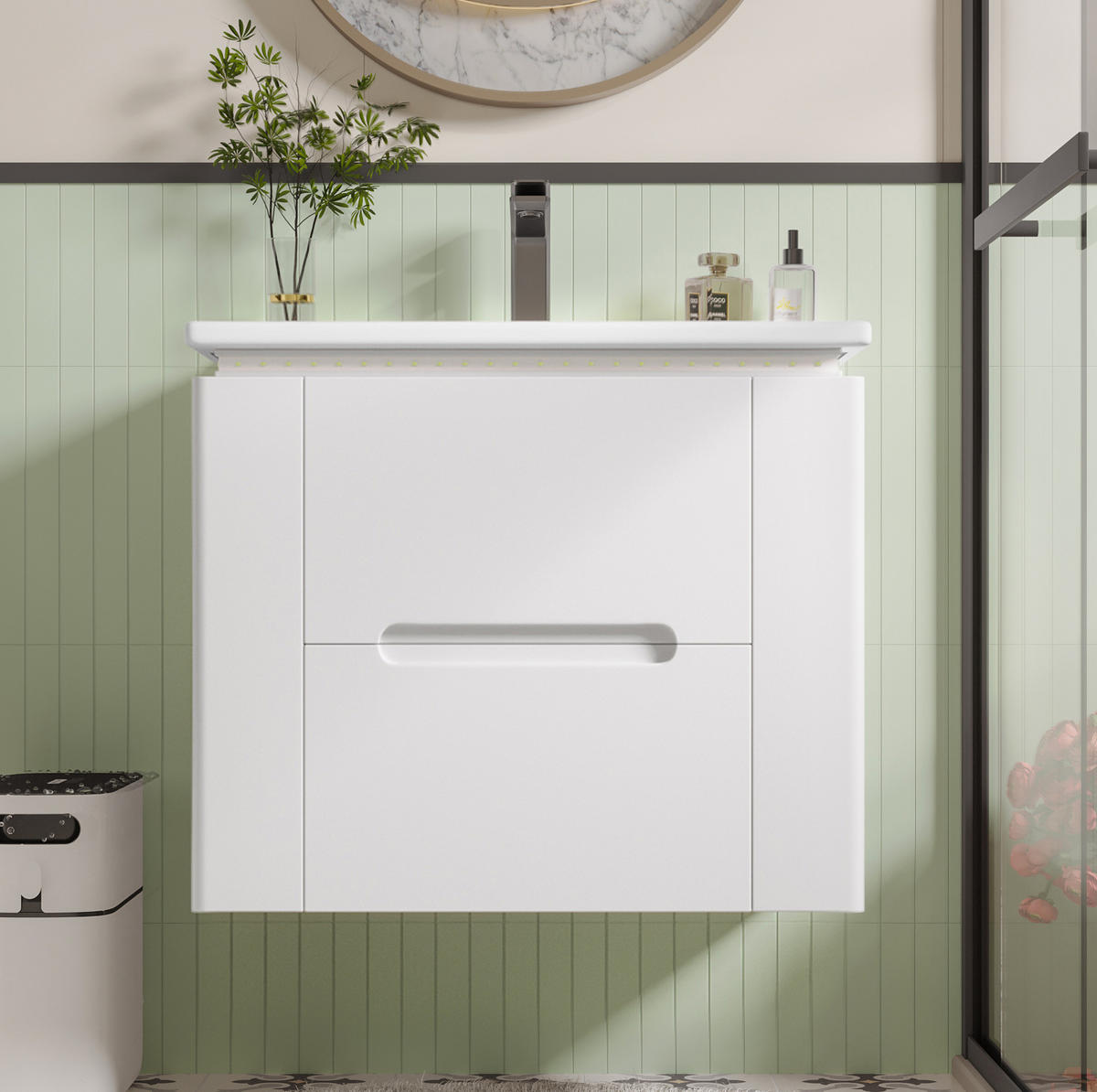 WASCHTISCHKOMBI 60/46/48,5 cm Weiß aus Keramik und MDF mit LED-Radarsensor-Beleuchtung - Weiß, Holzwerkstoff (61/48.5/46cm) - OKMYHOME