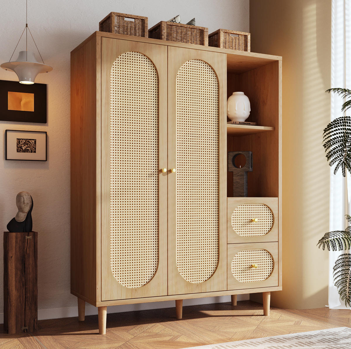 KLEIDERSCHRANK aus Holz 44x120x161 cm Eiche mit 2 Türen, 2 Schubladen, Kleiderstange und offenen Fächern im Landhausstil - Nussbaumfarben, Holzwerkstoff (120/161/44cm) - Modfu