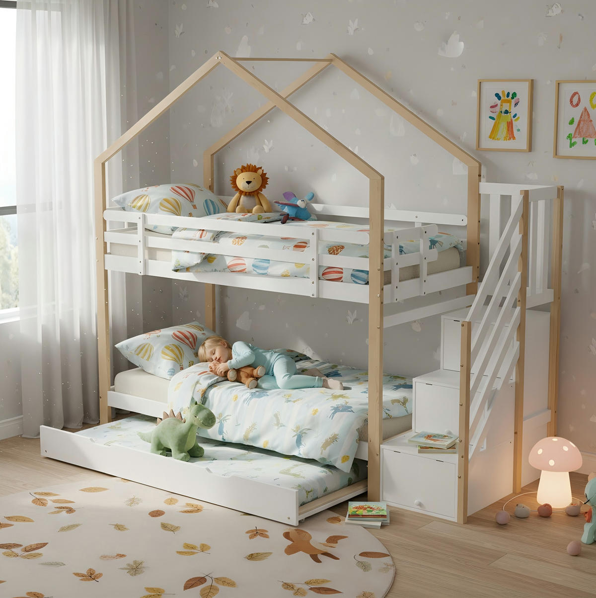ETAGENBETT 90/200 cm in Natur/Weiß mit Ausziehbett und Treppe mit 4 Schubladen - Weiß, Holz (90/200cm) - OKMYHOME