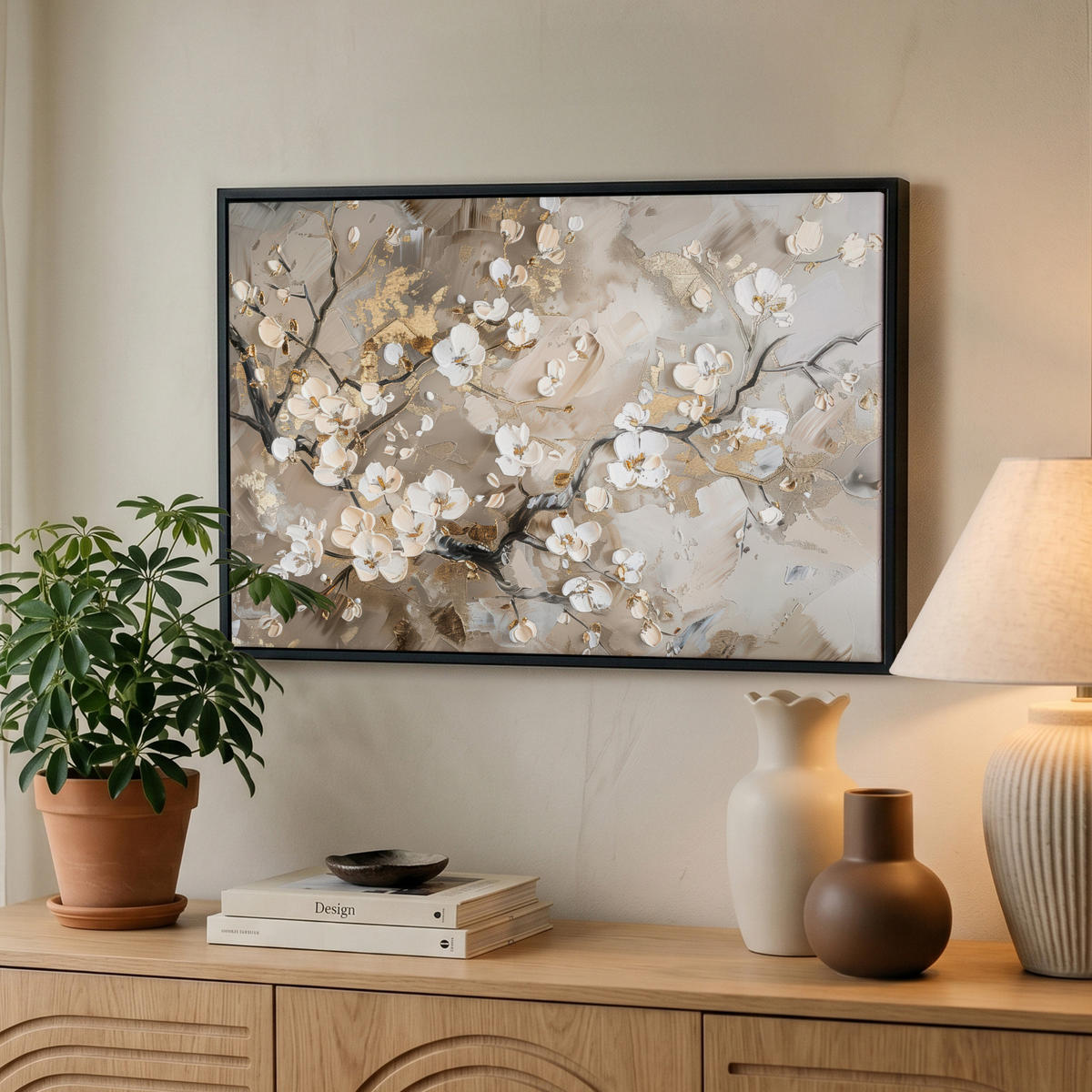 LEINWAND Bilder mit Rahmen - Blumen - Weiß - Gold - Beige - Luxus - 60x40 - Greige, Textil (60/40cm) - MuchoWow