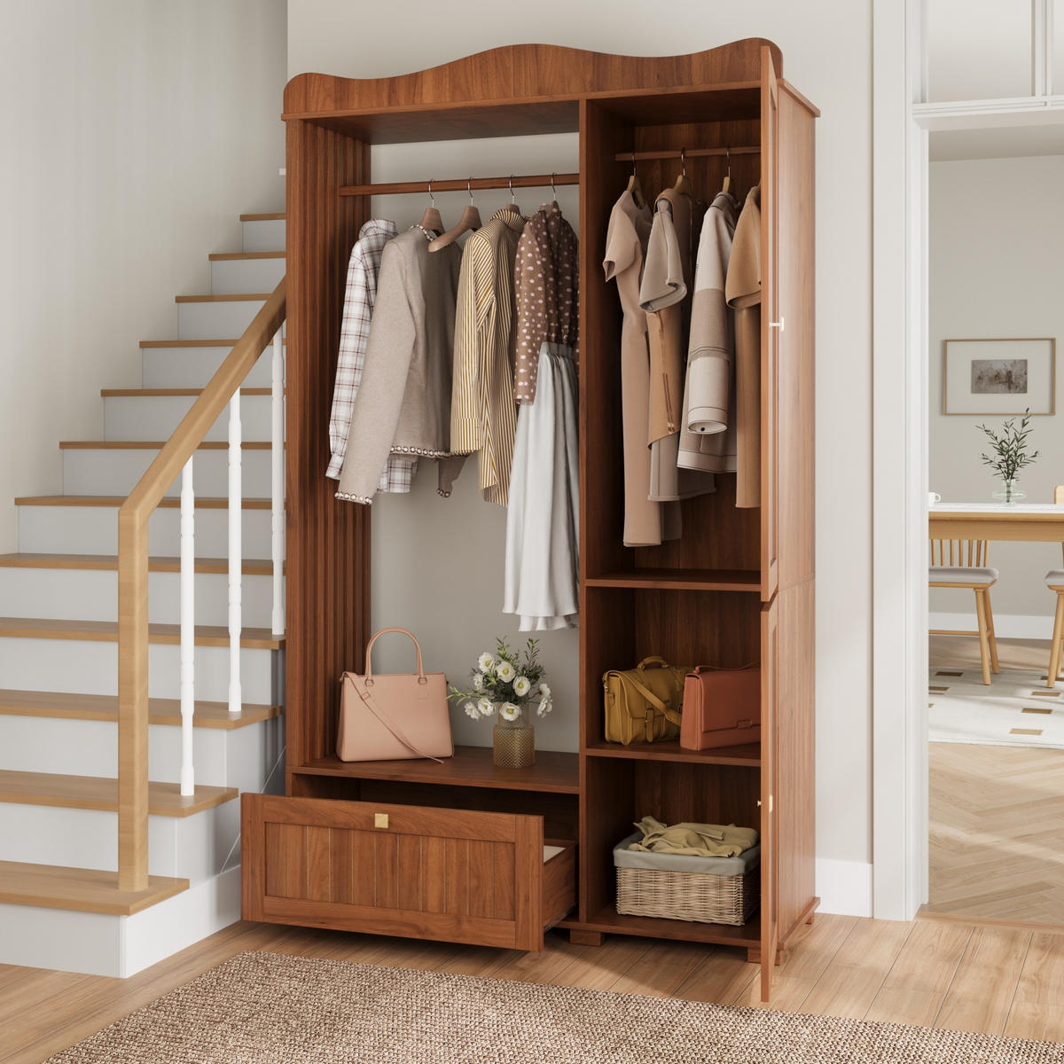 GARDEROBENSCHRANK Spiegel Kleiderstange Schublade - Nussbaumfarben, Holz (115.5/194.5/38.5cm) - LEBENLANG