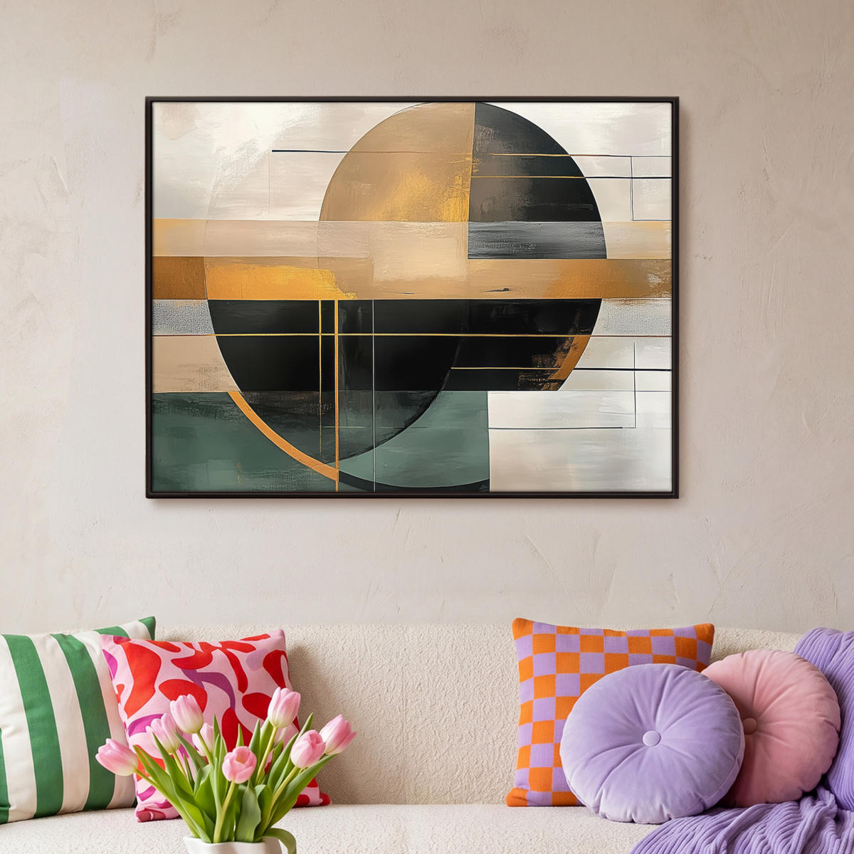 LEINWAND Bilder mit Rahmen - Abstrakt - Gold - Bronze - Grün - Formen - Modern - 100x70 - Multicolor, Textil (100/70cm) - MuchoWow