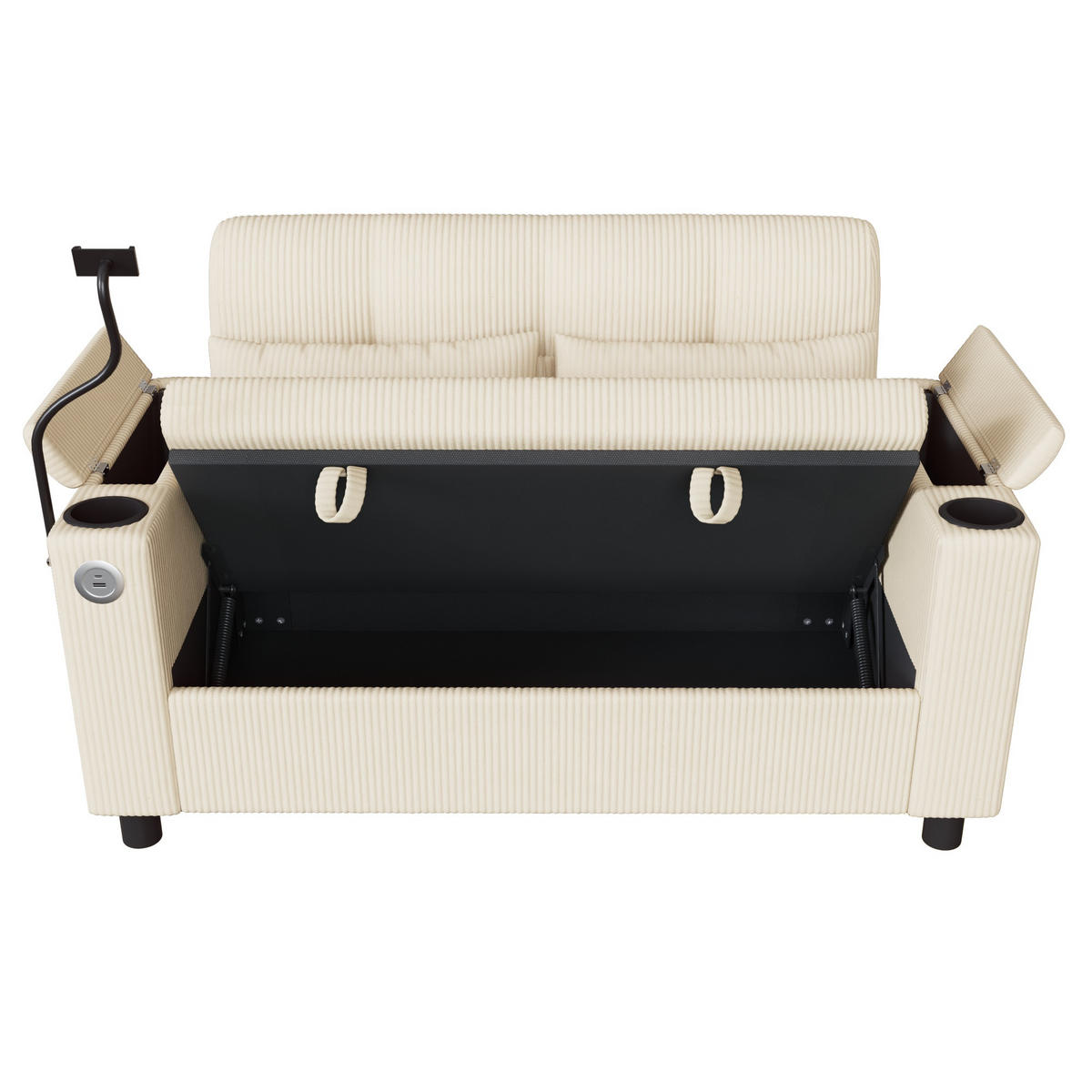 SOFA 2-Sitzer Beige mit Stauraum und Ladeanschlüssen, Cord - Beige/Schwarz, Holzwerkstoff/Textil (136.5/83.6/79.5cm) - CHICFURN
