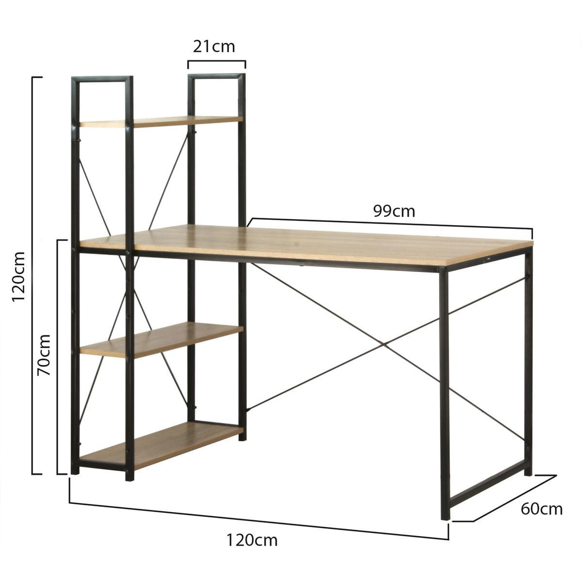 SCHREIBTISCH L120cm mit 4 Regalen im Industrial-Stil - Eschefarben, Holzwerkstoff (6.5/6.5/120cm) - Calicosy