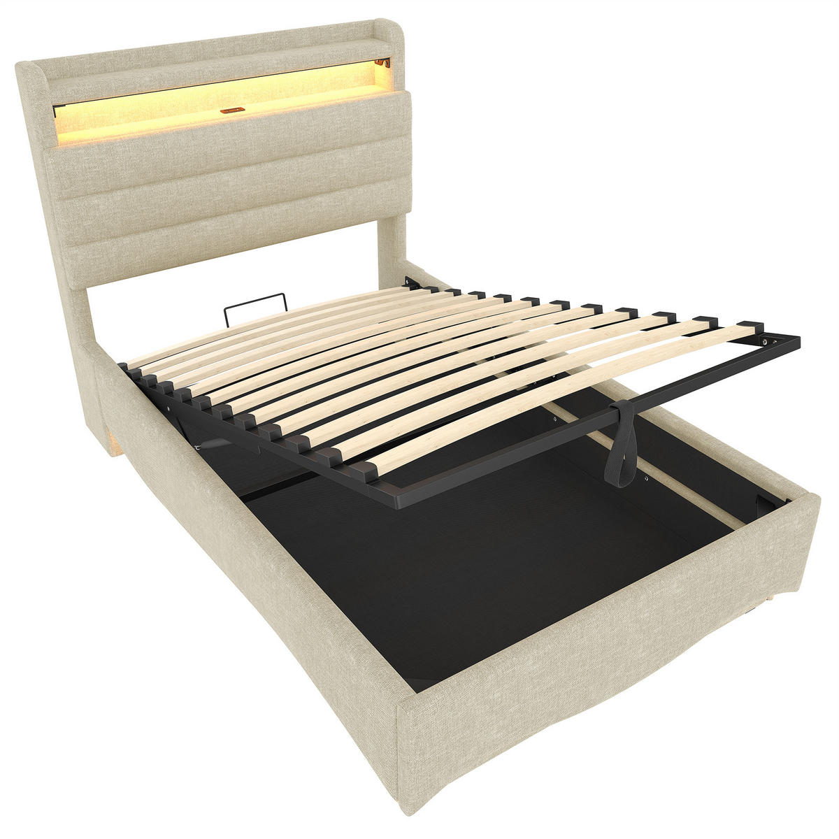 POLSTERBETT 90/200 cm beige aus Leinen mit LED und Stauraum - Beige, Textil (90/200cm) - OKWISH