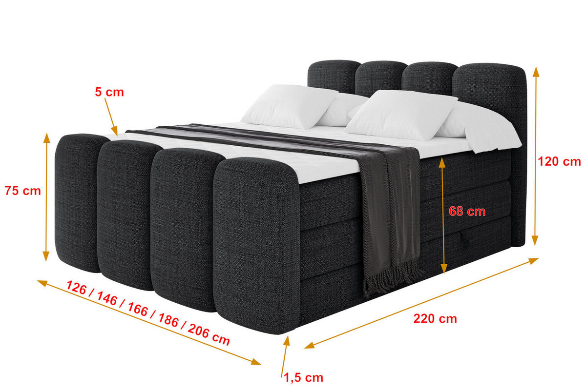 BOXBETT mit Matratze H3|H4 - NINA-Z KING - 140x200 cm - Schwarz - Schwarz, Holzwerkstoff (140/200cm) - ALTDECOR