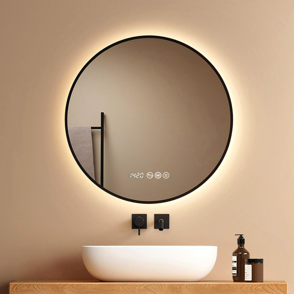 BADSPIEGEL mit LED-Beleuchtung, Anti-Beschlag-Funktion und Uhrzeitanzeige, Schwarz, Ø 70 cm - Schwarz, Glas (70/70/3cm) - EMKE