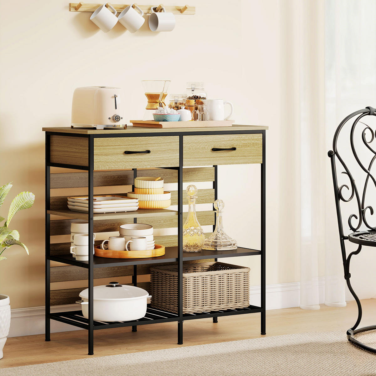 SIDEBOARD DE-11223 2 Schubladen & 3 offene Fächer Naturholz/Schwarz - Naturfarben, Holzwerkstoff (90/91/40cm) - ComfortXL