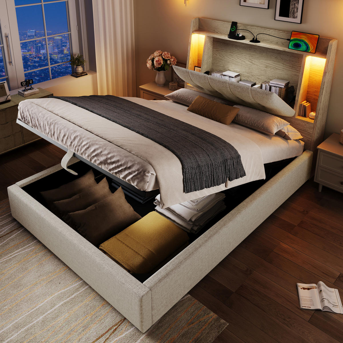 POLSTERBETT mit Stauraum, USB und LED 90x200 cm Leinen Beige - Beige, Metall (90/200cm) - Meubliv