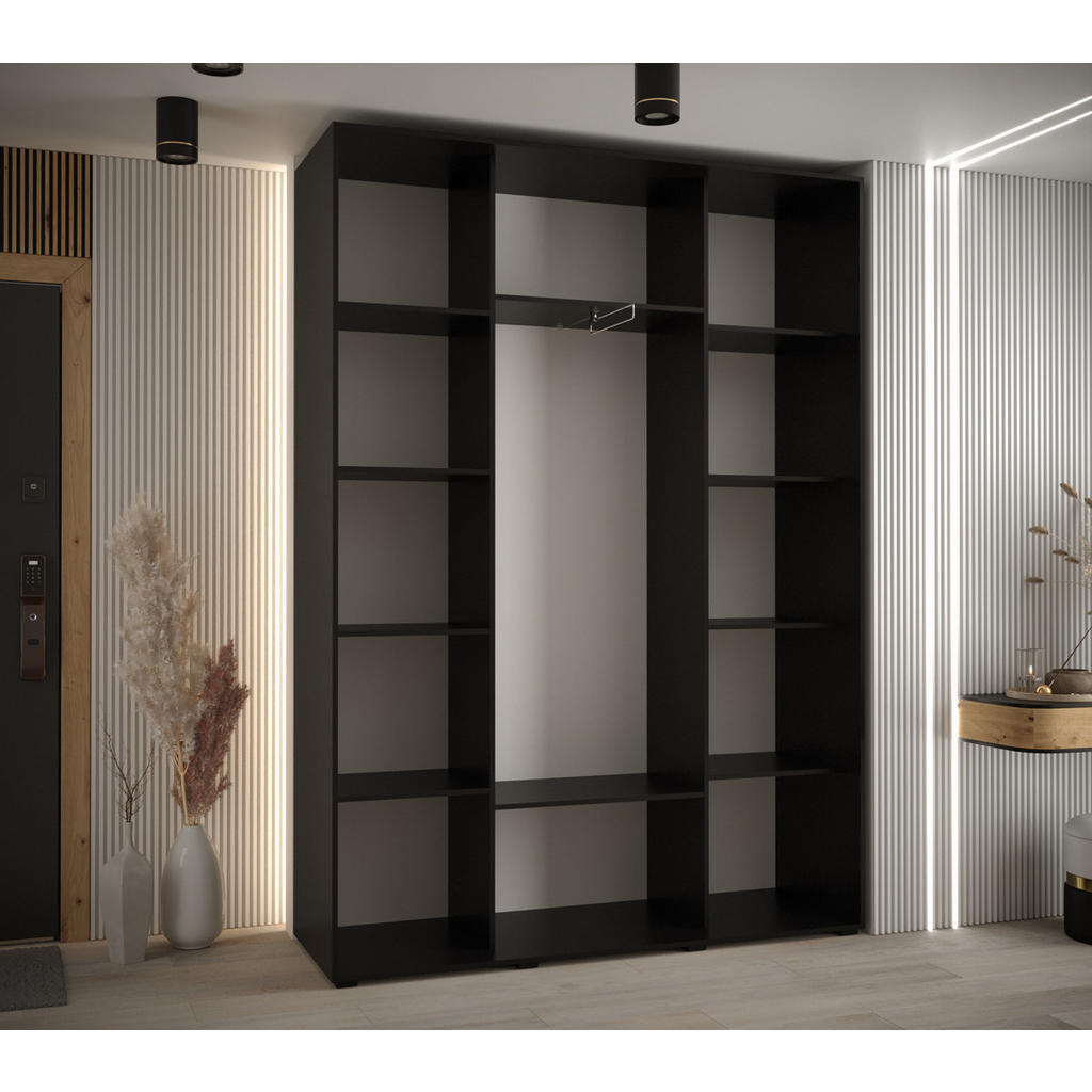 Thumbnail - Abiks Möbel Schwebetürenschrank, Schwarz, Schwarz, Silber, Metall, Nachbildung, 6 Fächer, 160x235x45 cm, Schlafzimmer, K...