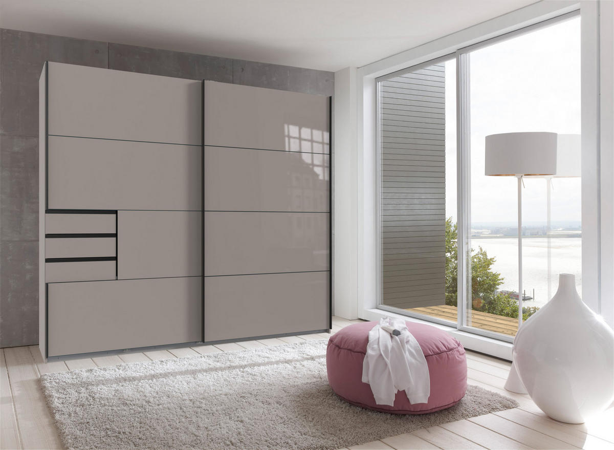 KLEIDERSCHRANK Saigon in Saharagrau mit einer Türfront in Glas Saharagrau – Schwebetürenschrank 2 türig - 225 cm Breite - Grau, Holzwerkstoff (80/200/120cm)