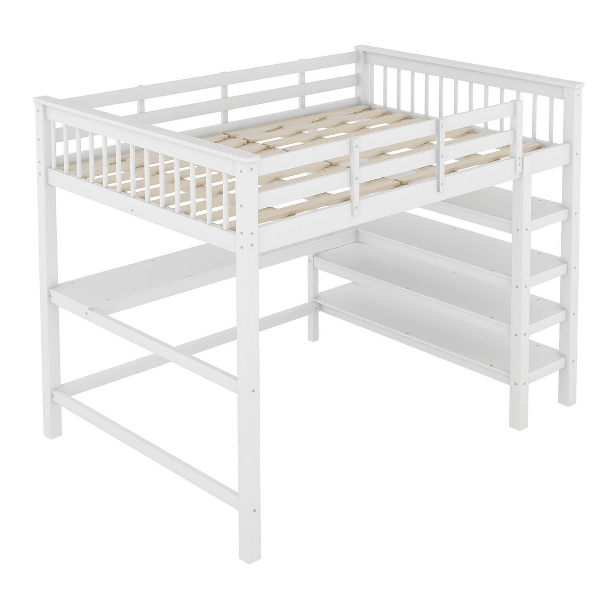 HOCHBETT 140/200 cm weiß mit Ablagefächern und Unterbettschreibtisch mit Matratze - Weiß, Holzwerkstoff (140/200cm) - OKWISH