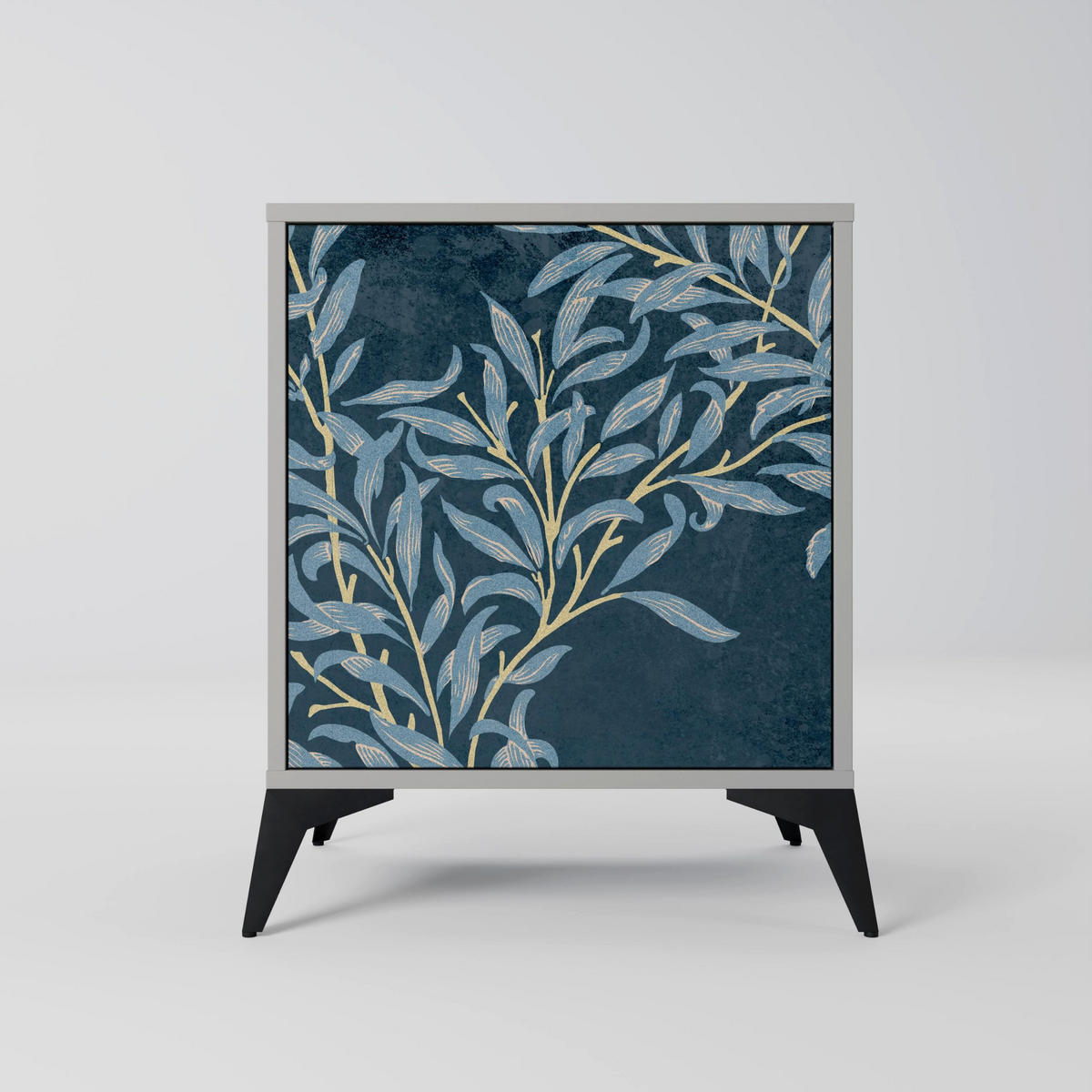 SIDEBOARD BLUE LEAVES, Grau, 57,5x42x72,5 cm, Schwarze Metallfüße - Multicolor/Schwarz, Holzwerkstoff/Metall (57.5/72.5/42cm) - SpaceRebels