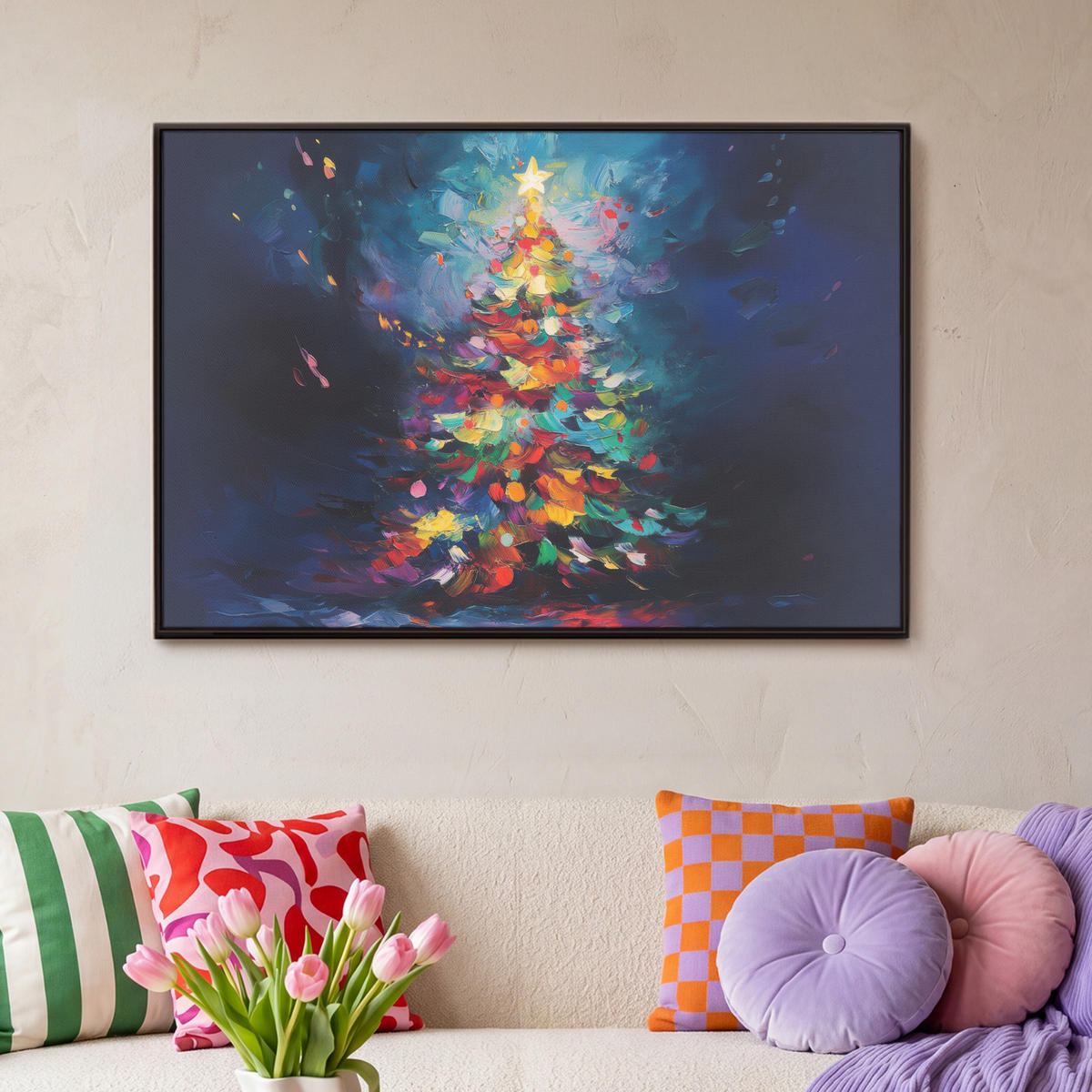 LEINWAND Bilder mit Rahmen - Weihnachtsbaum - Weihnachten - Abstrakt - Farbenfroh - 90x60 - Multicolor, Textil (90/60cm) - MuchoWow