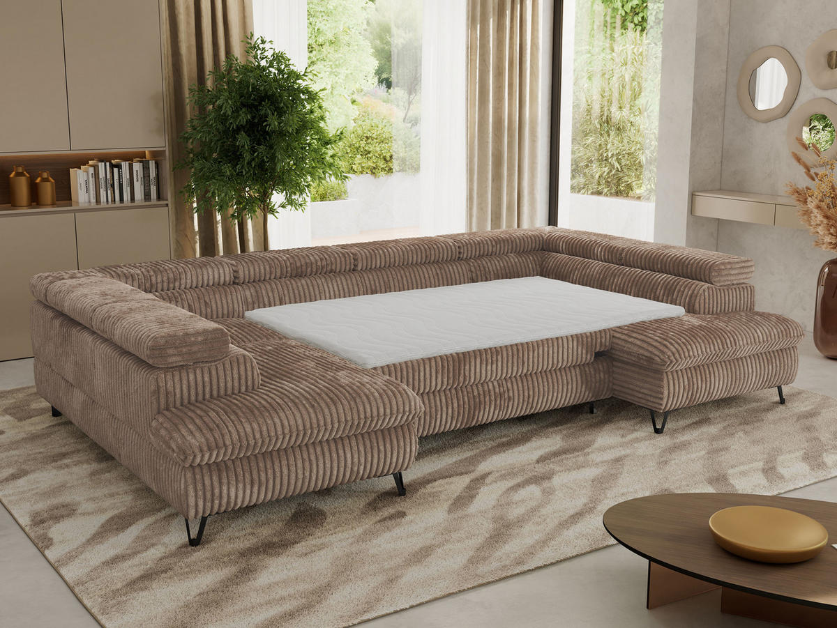 WOHNLANDSCHAFT PABLO U Cord Braun mit Topper T25 - Schwarz/Braun, Textil/Metall (346/76/208cm) - MKS