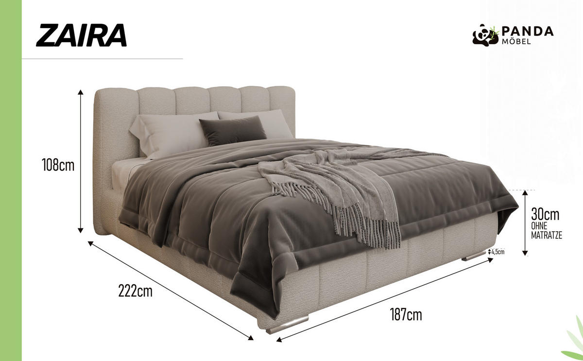 POLSTERBETT ZAIRA 160 x 200 cm mit Bettkasten und Lattenrost, 7-Zonen-Taschenfederkernmatratze CIRA (24 cm) – Taupe - Beige, Holz (120/206cm) - Panda Möbel