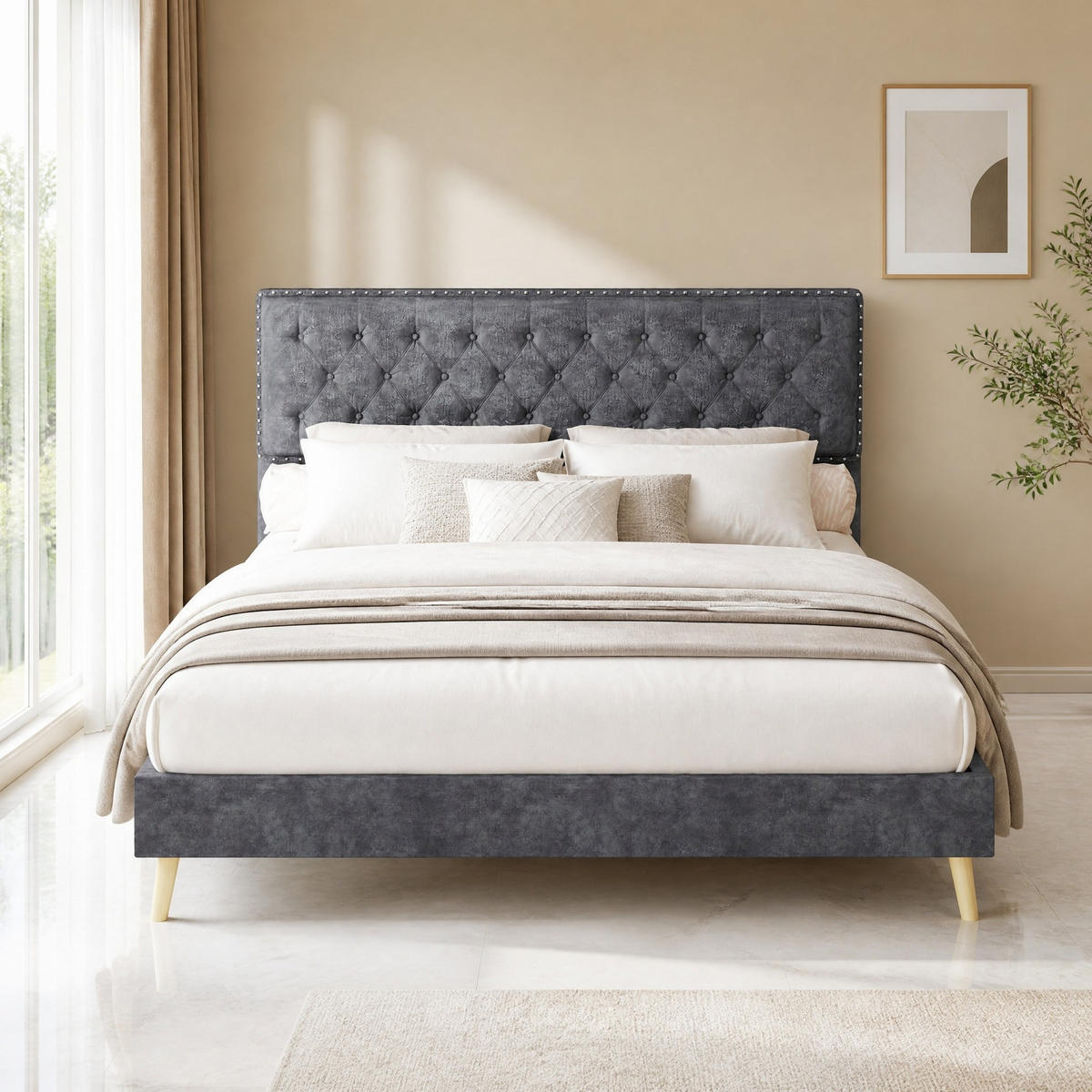 BETT mit hohem Kopfteil und Stauraum 160x200 cm Samt Grau - Grau, Metall (160/200cm) - Meubliv