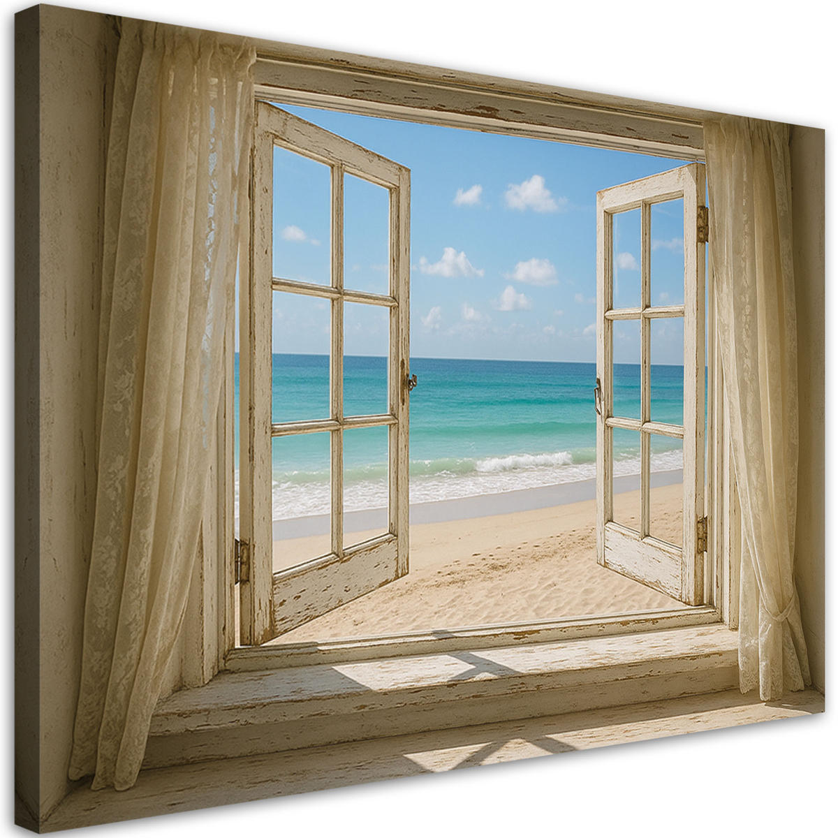 LEINWANDBILD Fensterblick auf Shabby Chic Strand 120x80cm - Blau, Textil (120/80cm) - Feeby