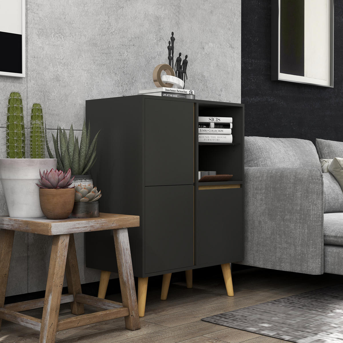 SIDEBOARD DE-11056 Verstellbare Böden & Massivholzfüße Dunkelgrau - Dunkelgrau, Holzwerkstoff (70/96.1/40cm) - ComfortXL
