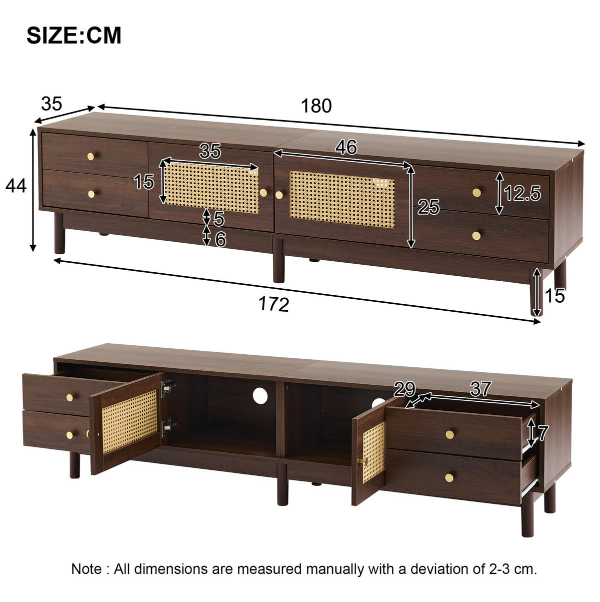 TV-SCHRANK 180/35/44 cm braun Spanplatte mit Rattantüren und 4 Schubladen - Rotbraun, Holzwerkstoff (180/44/35cm) - OKWISH