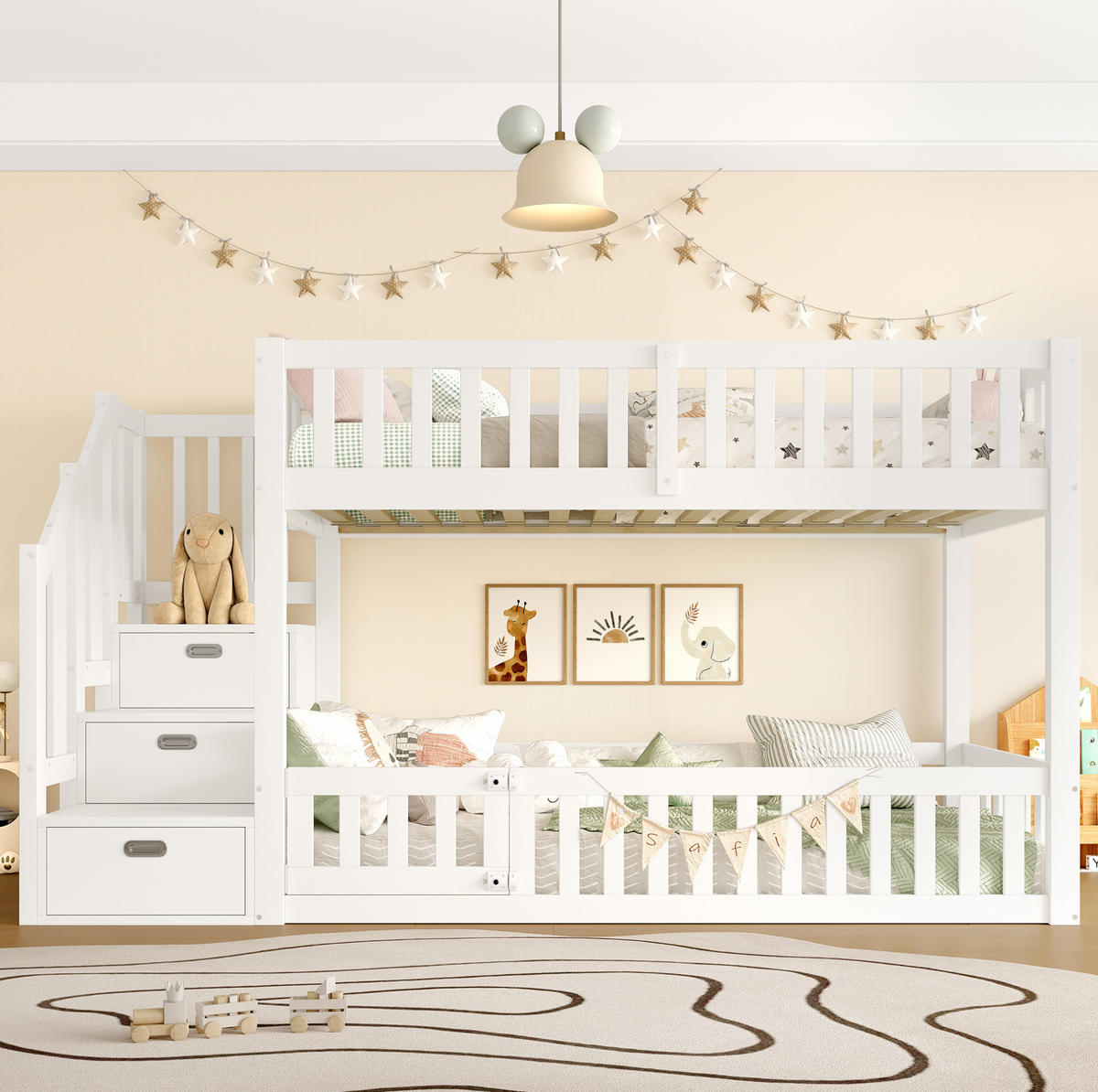 ETAGENBETT 90/200 cm aus Kiefer und MDF mit Leiter, Stauraum und Schutzgitter, Weiß - Weiß, Holzwerkstoff (90/200cm) - Redom