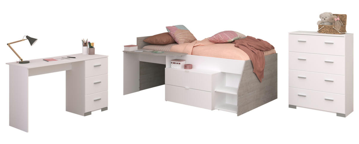 KINDERZIMMER weiß, grau, Komplett-Set mit Stauraumbett, Kommode, Schreibtisch - Silberfarben/Weiß, Holzwerkstoff/Kunststoff (135/106/203cm) - Parisot Meuble