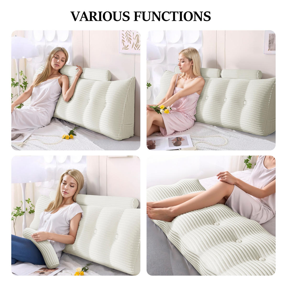 KEILKISSEN mit einem runden Kissen 3er-Set Gestreifter Samt Weiß 160cm - Weiß, Textil (20/160cm) - Vercart