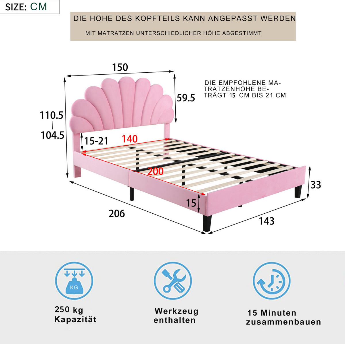 POLSTERBETT 140/200 cm Pink aus Samt mit Lattenrost - Rosa, Textil (140/200cm) - OKMYHOME