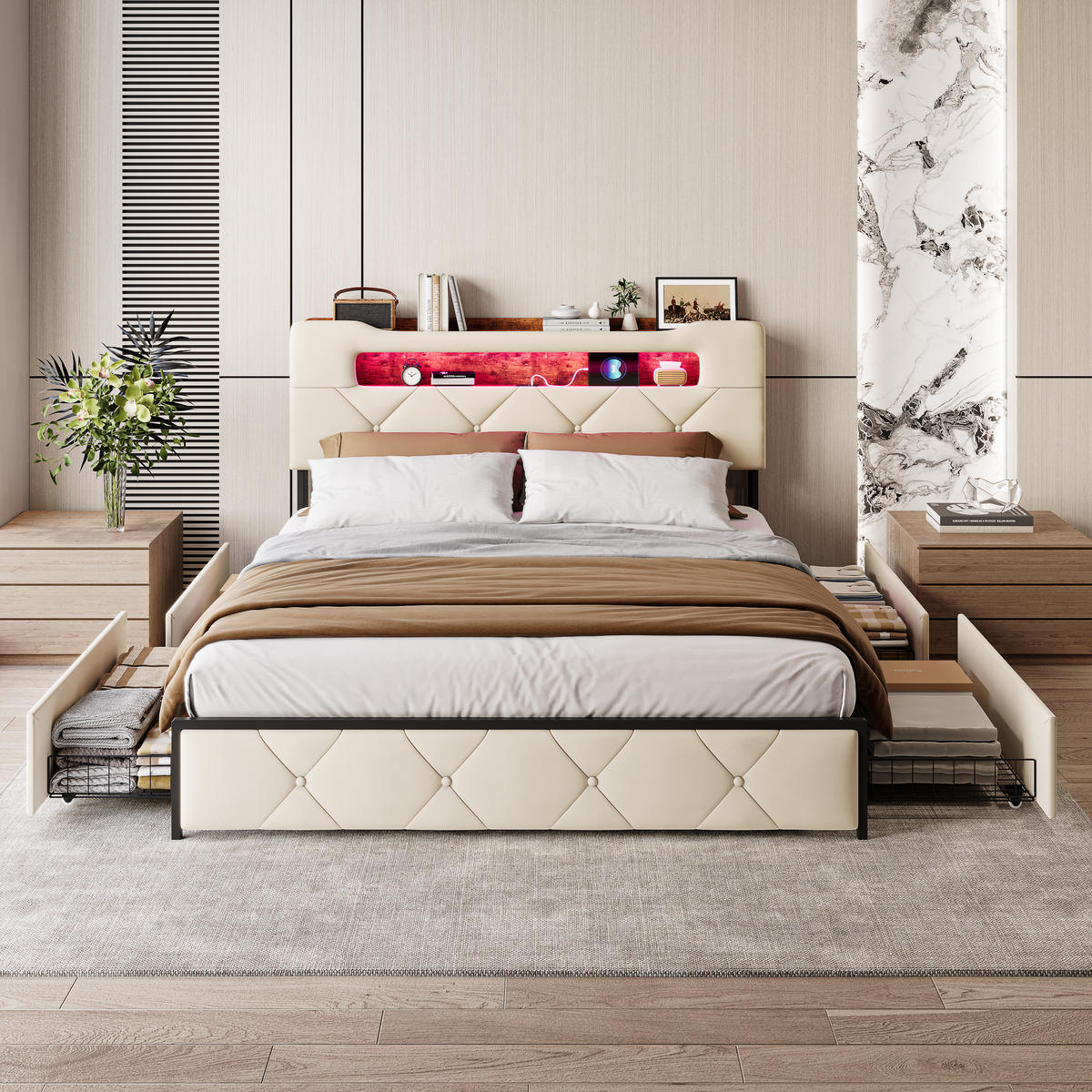 POLSTERBETT 160x200 cm Beige mit Schubladen, LED-Beleuchtung und Ladefunktion - Beige, Holz/Metall (160/200cm) - PARAFTA HOME