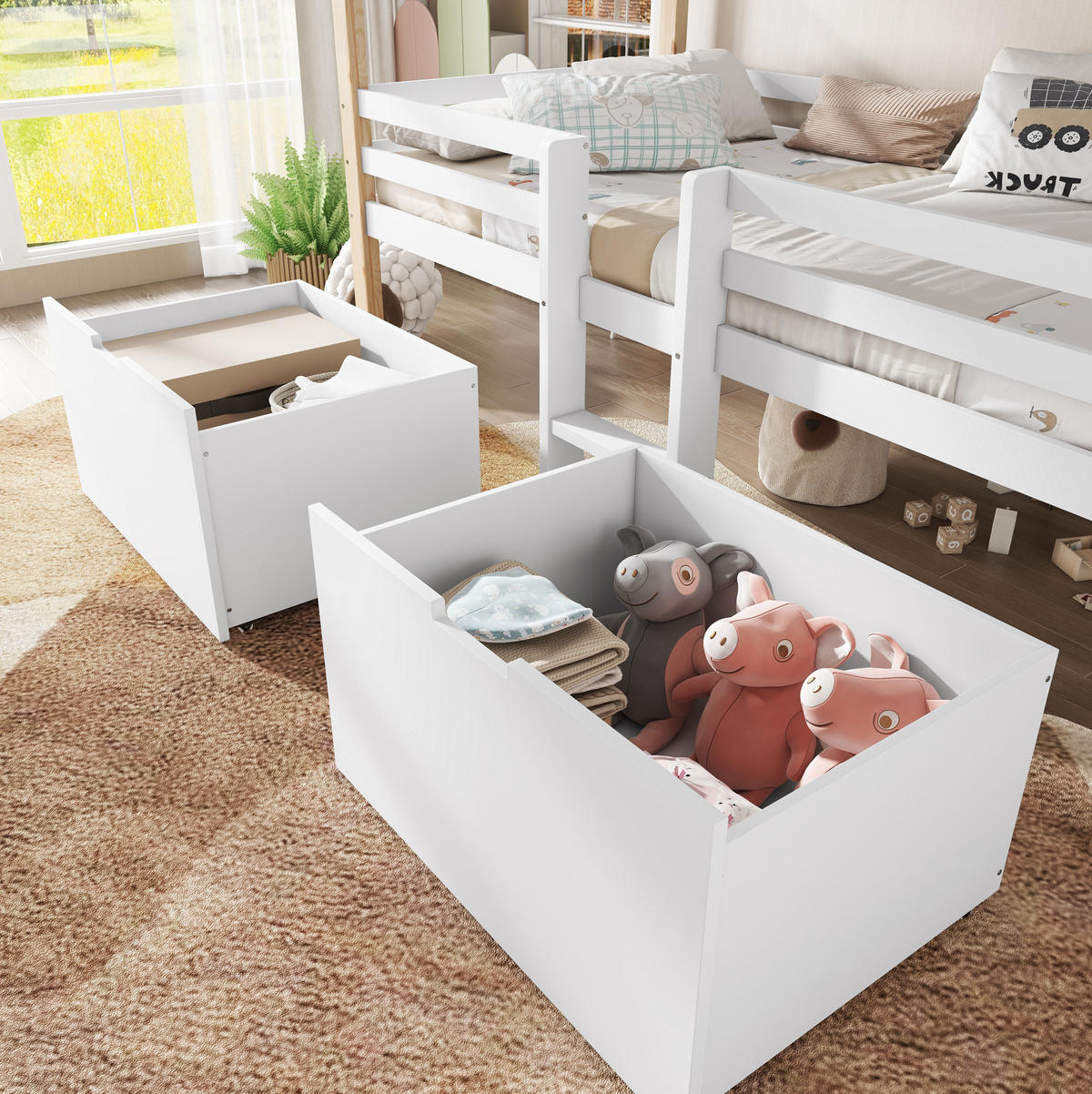 HAUSBETT 90/200 cm Weiß/Natur aus Kiefer und MDF mit Dach, Treppe und 2 Schließfächern - Weiß, Holzwerkstoff (90/200cm) - OKMYHOME