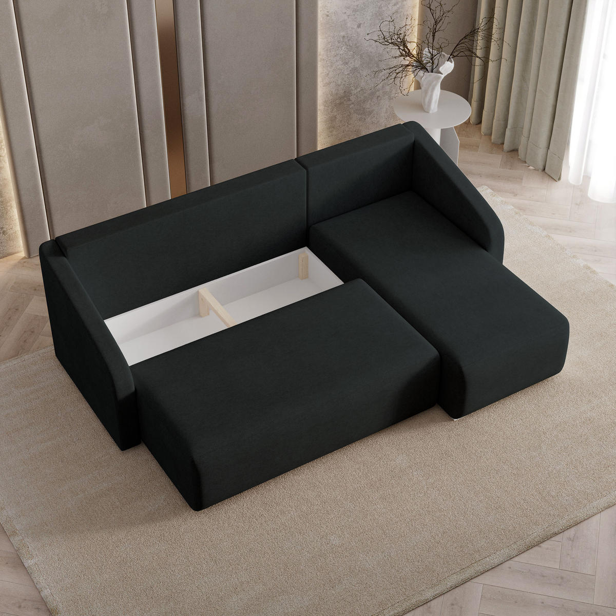 ECKSOFA MARELLO Schwarz Geflochtener Stoff mit Schlaffunktion - Schwarz, Holz (220/143cm) - MASSENO