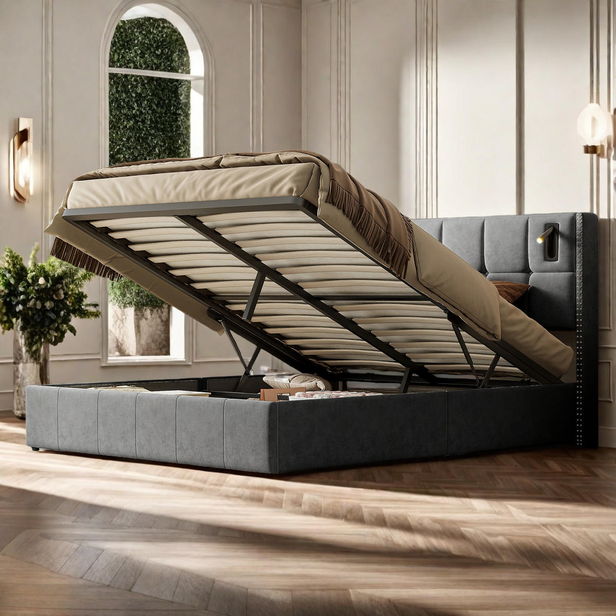 POLSTERBETT 140x200 cm Grau Leselicht Metall Stauraum - Grau, Metall (140/200cm) - SHOPENTRA