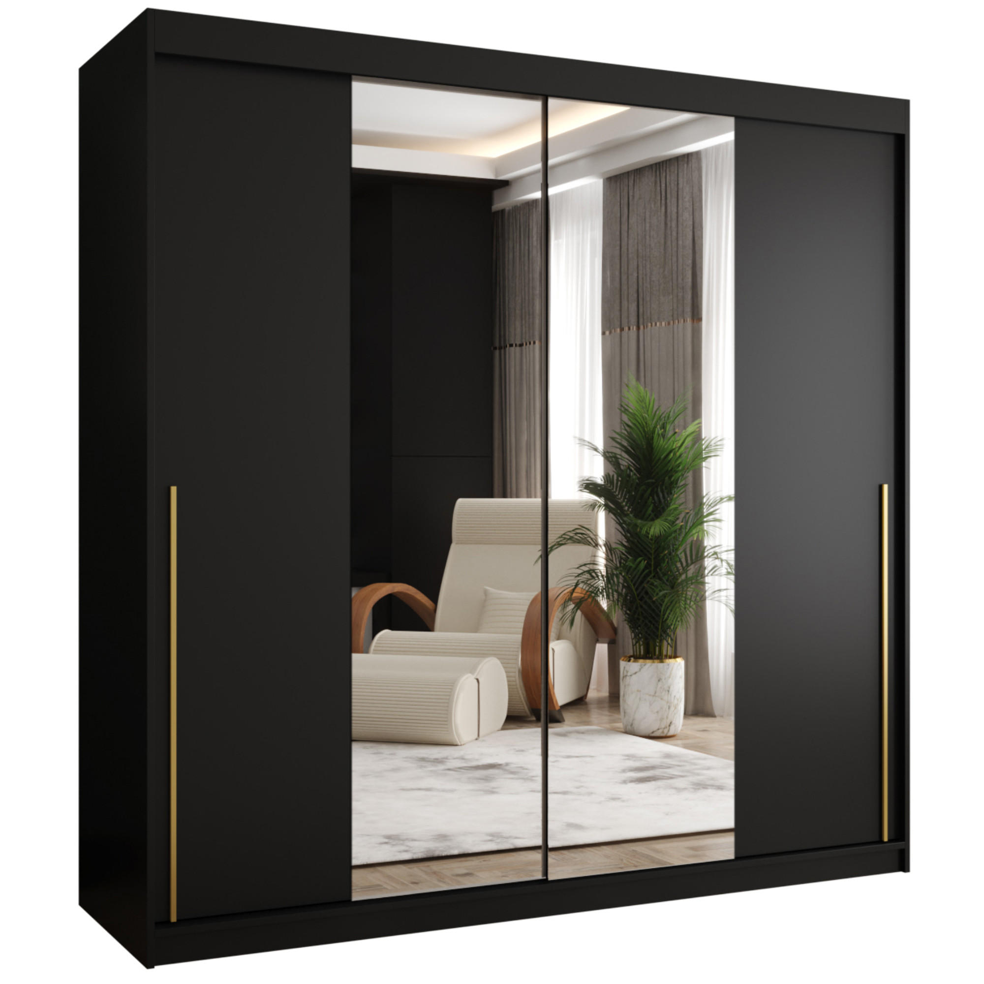 SCHIEBETÜRENSCHRANK mit Spiegel 200 cm Breite, schwarz mit goldenem Griff - Goldfarben/Schwarz, Holzwerkstoff (200/200/62cm) - Home Collective