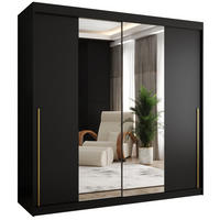 SCHIEBETÜRENSCHRANK mit Spiegel 200 cm Breite, schwarz mit goldenem Griff - Goldfarben/Schwarz, Holzwerkstoff (200/200/62cm) - Home Collective
